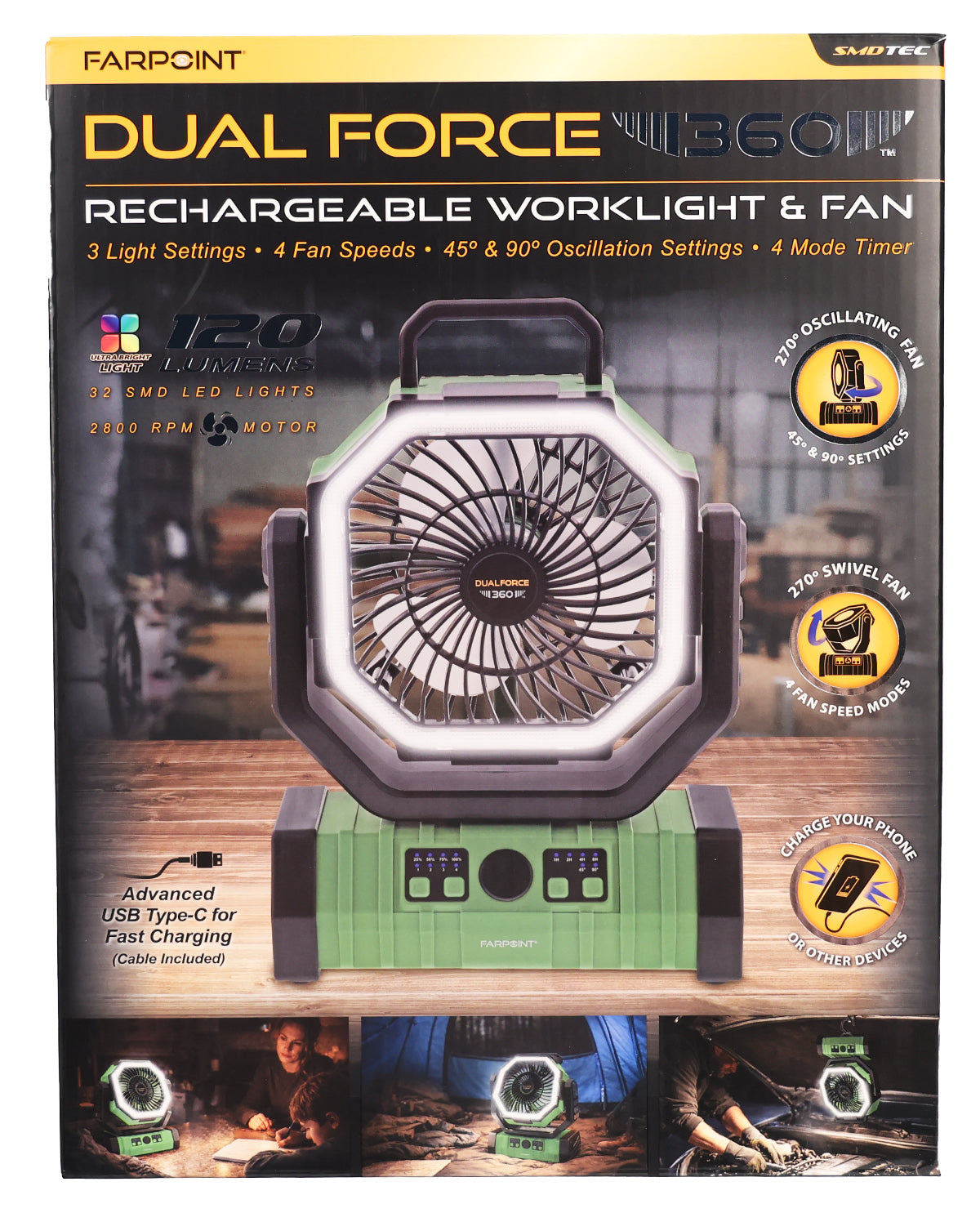 Dual Force 360, Rechangeable Fan/Worklight 120LM