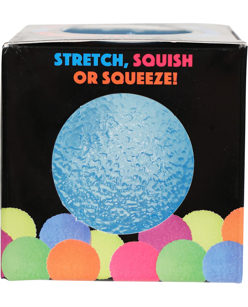 Box of a blue stress ball with colorful balls around it and text 'Stretch, Squish or Squeeze!' on a black background.
