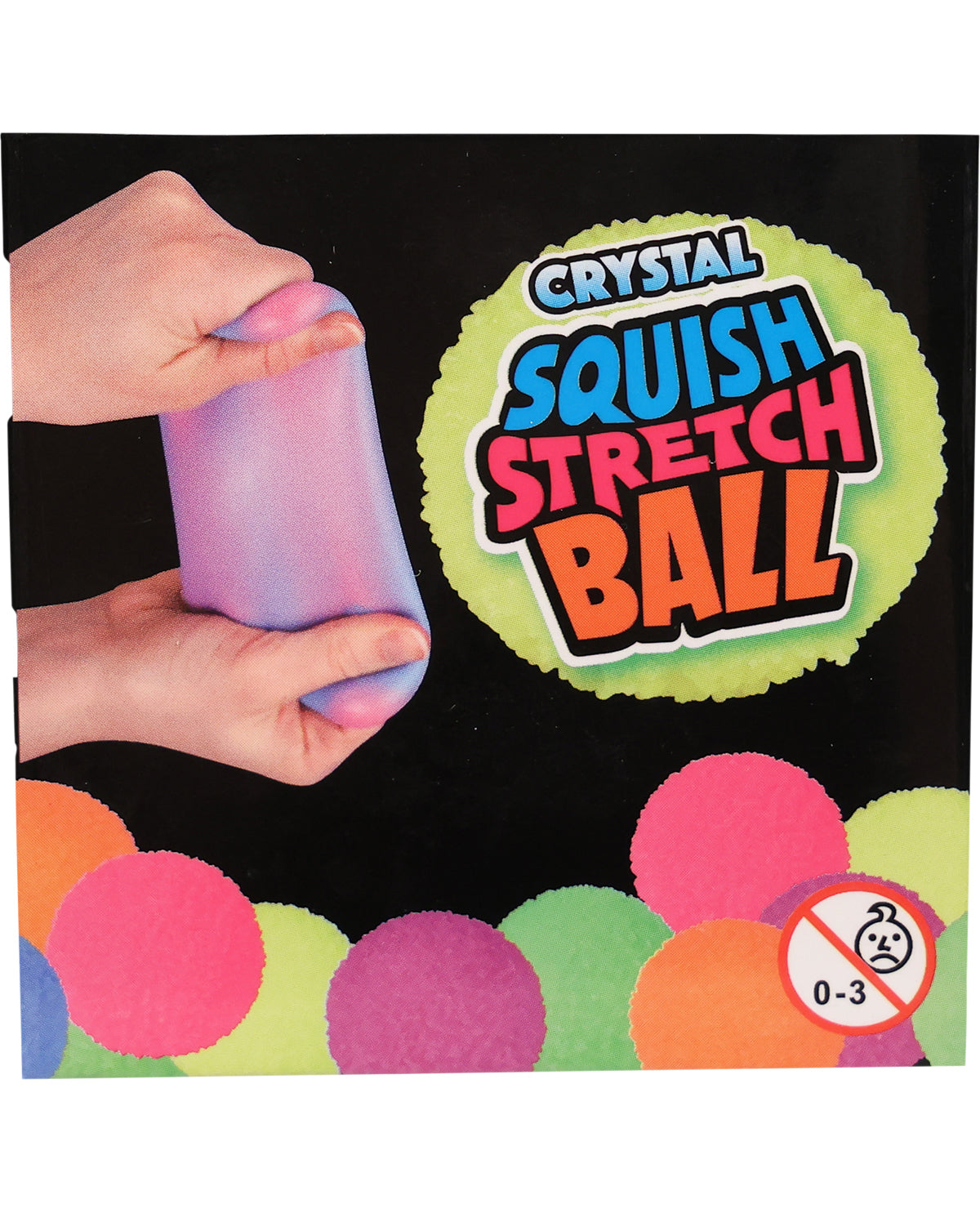 Hand holding a squishy ball with 'Crystal Squish Stretch Ball' branding on a black background.