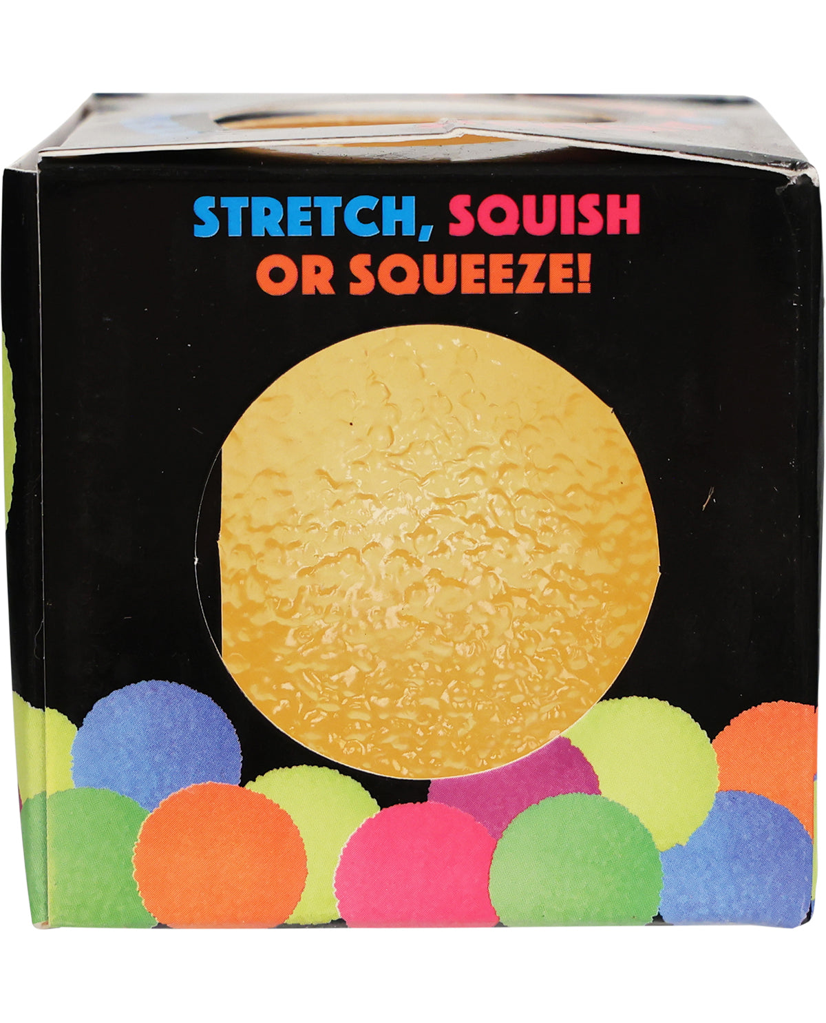 Box of stretchy balls with colorful text and ball illustrations on a white background