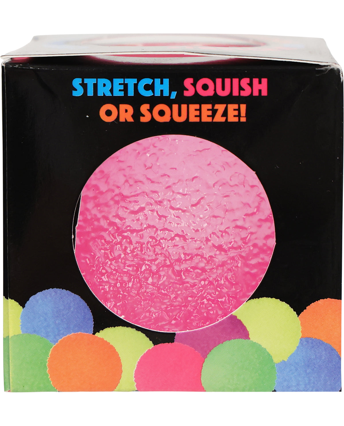Box of pink stretchy ball with colorful text and additional balls on a black background