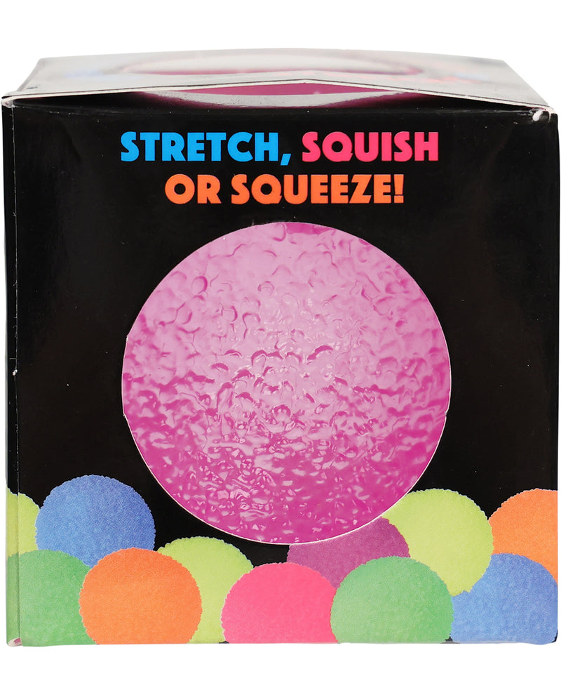 Box of stretchy balls with colorful design and text on a black background