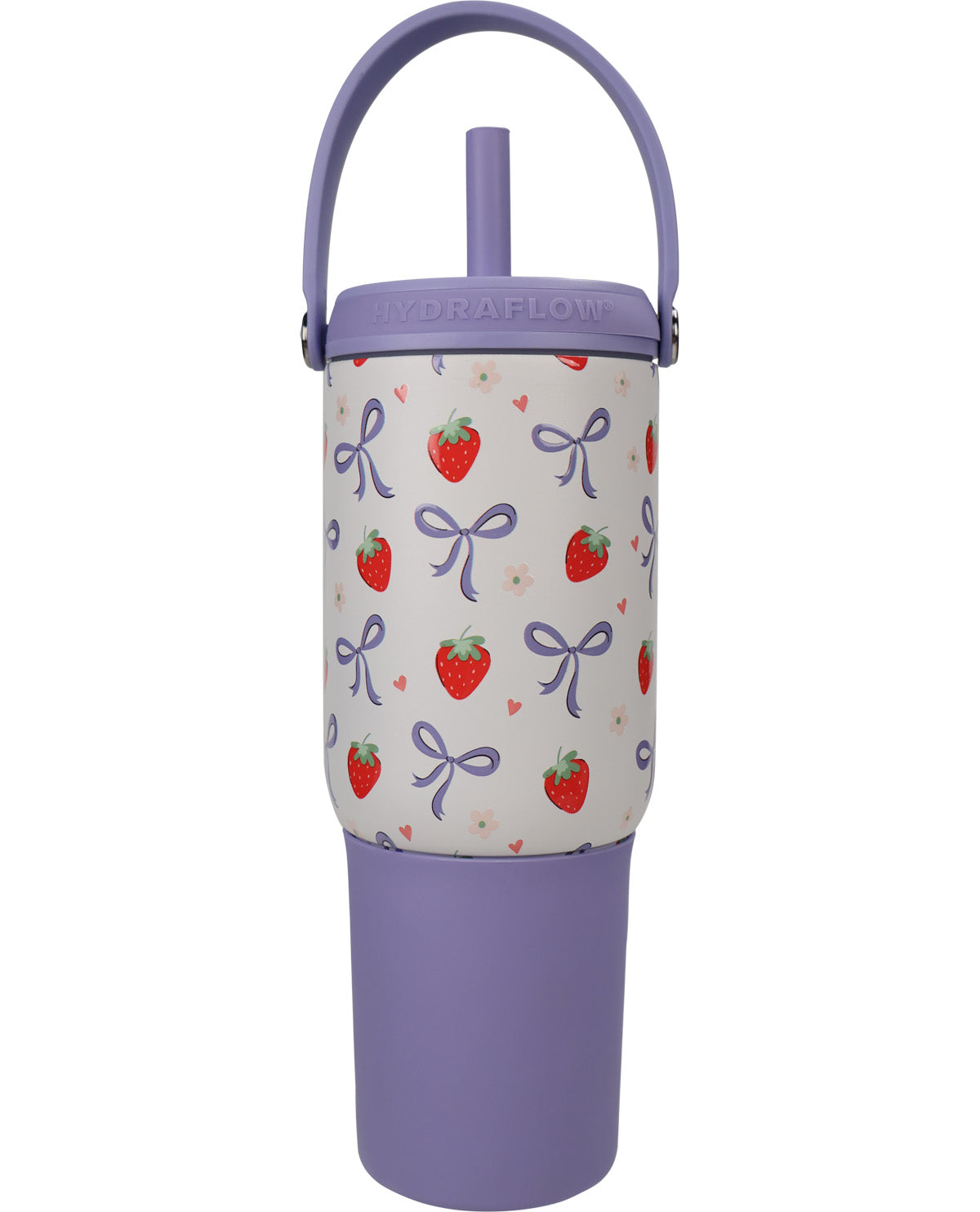 A purple HydraFlow insulated tumbler with a straw lid, featuring a white fabric sleeve printed with red strawberries and purple bows on a white background.