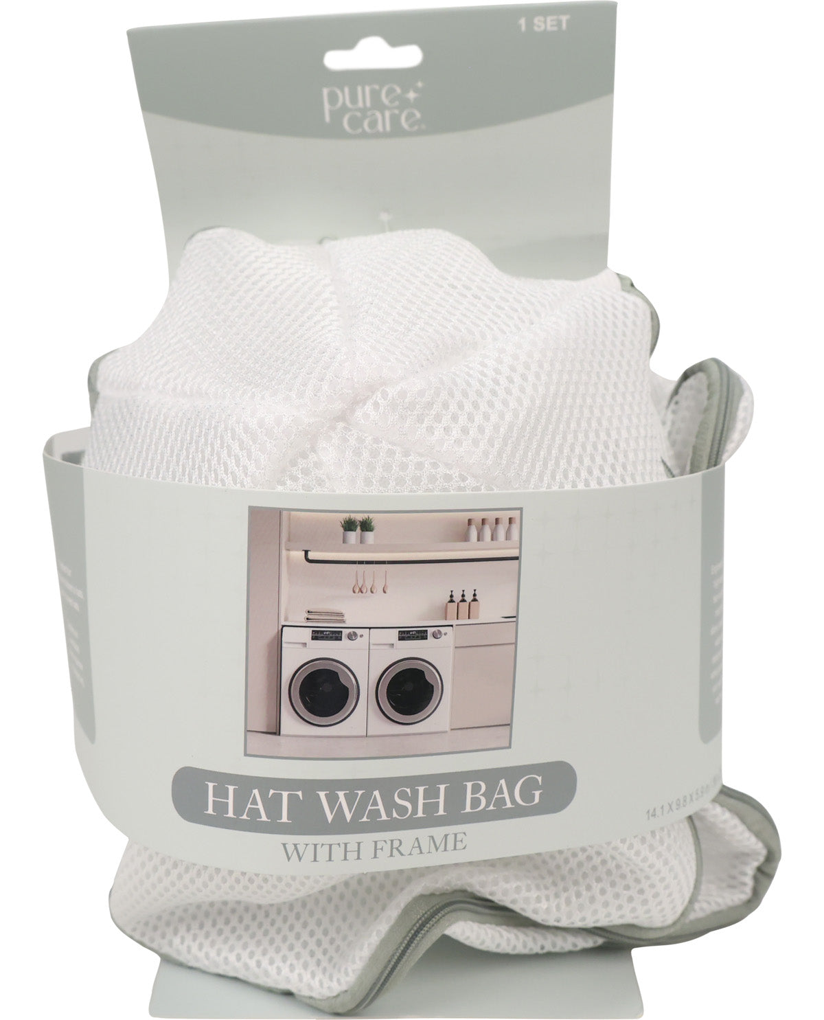A packaged set of white mesh hat wash bags with a gray frame, shown in retail packaging with a hanger tab and printed label reading 'pure care' and 'HAT WASH BAG WITH FRAME'.