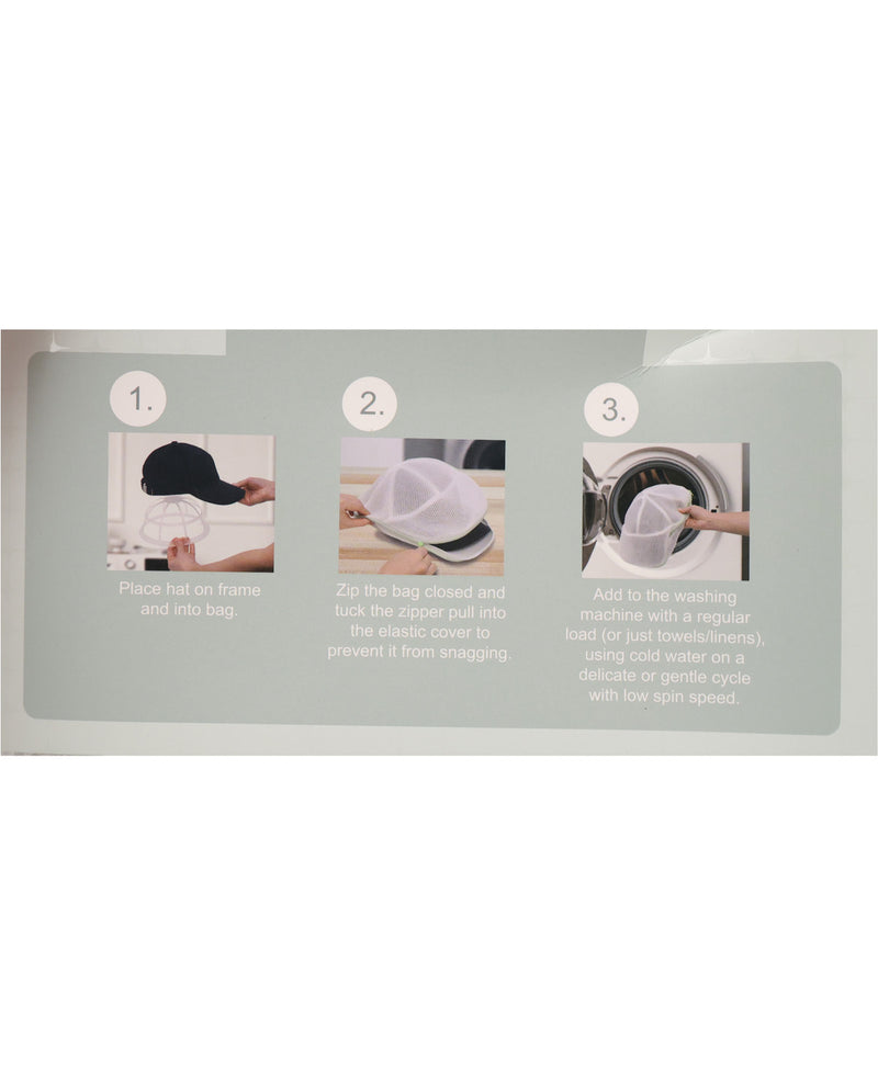 Instruction diagram showing three steps for washing a baseball cap: place flat on frame and into bag, zip the bag closed and tuck the cap into the elastic cover, and add to the washing machine on a delicate gentle cycle.