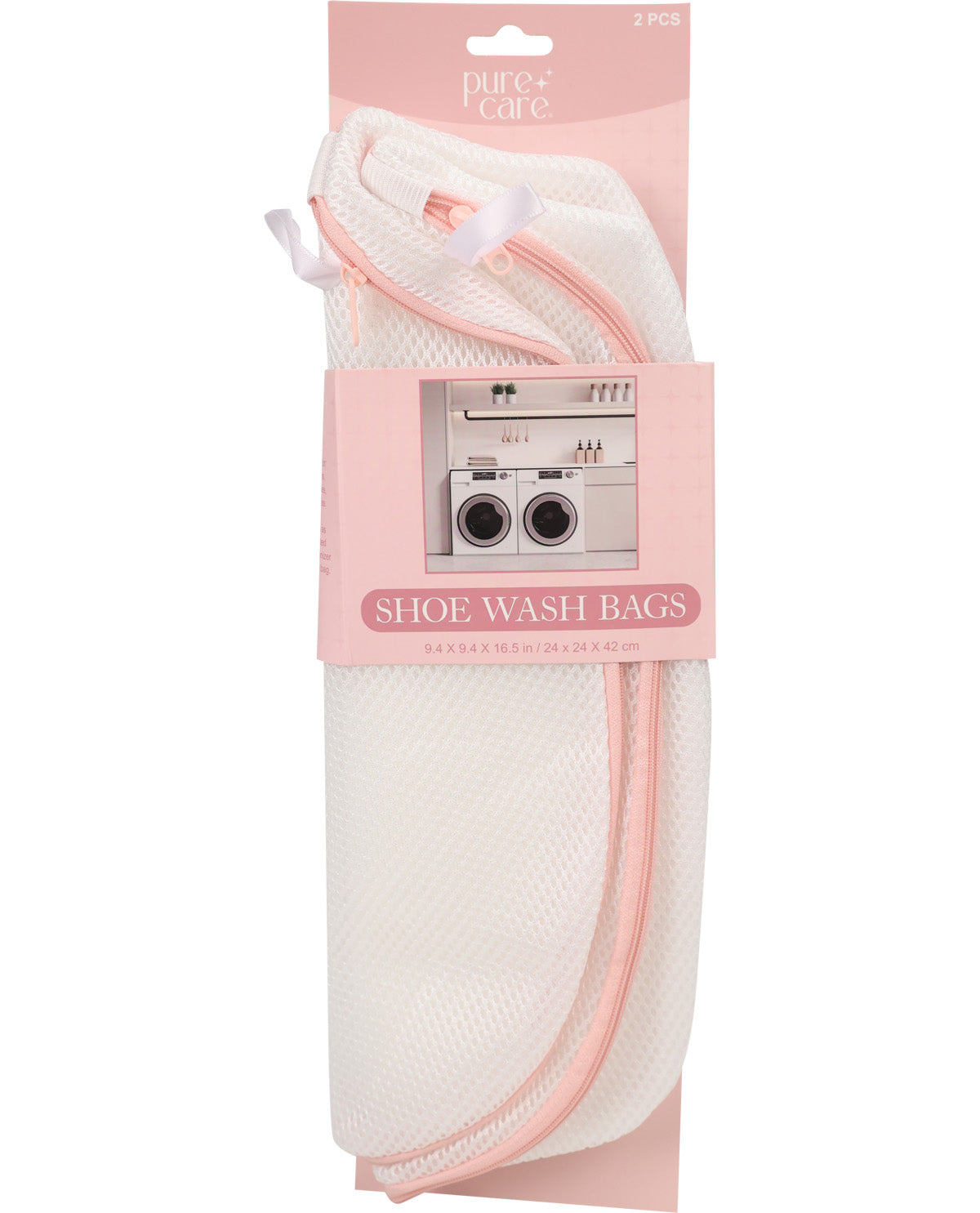A packaged set of two white mesh shoe wash bags with light pink trim, shown on a clean white background. The retail packaging features a pink header card and a central label that reads 'PURE CARE' and 'SHOE WASH BAGS'.