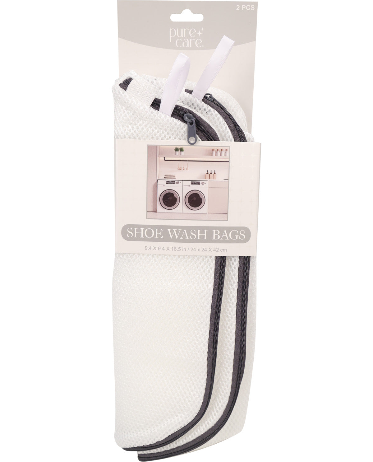 Pure+ Care shoe wash bags in a white mesh zippered pouch with black elastic bands, packaged on a white cardboard backing with a hanging tab.