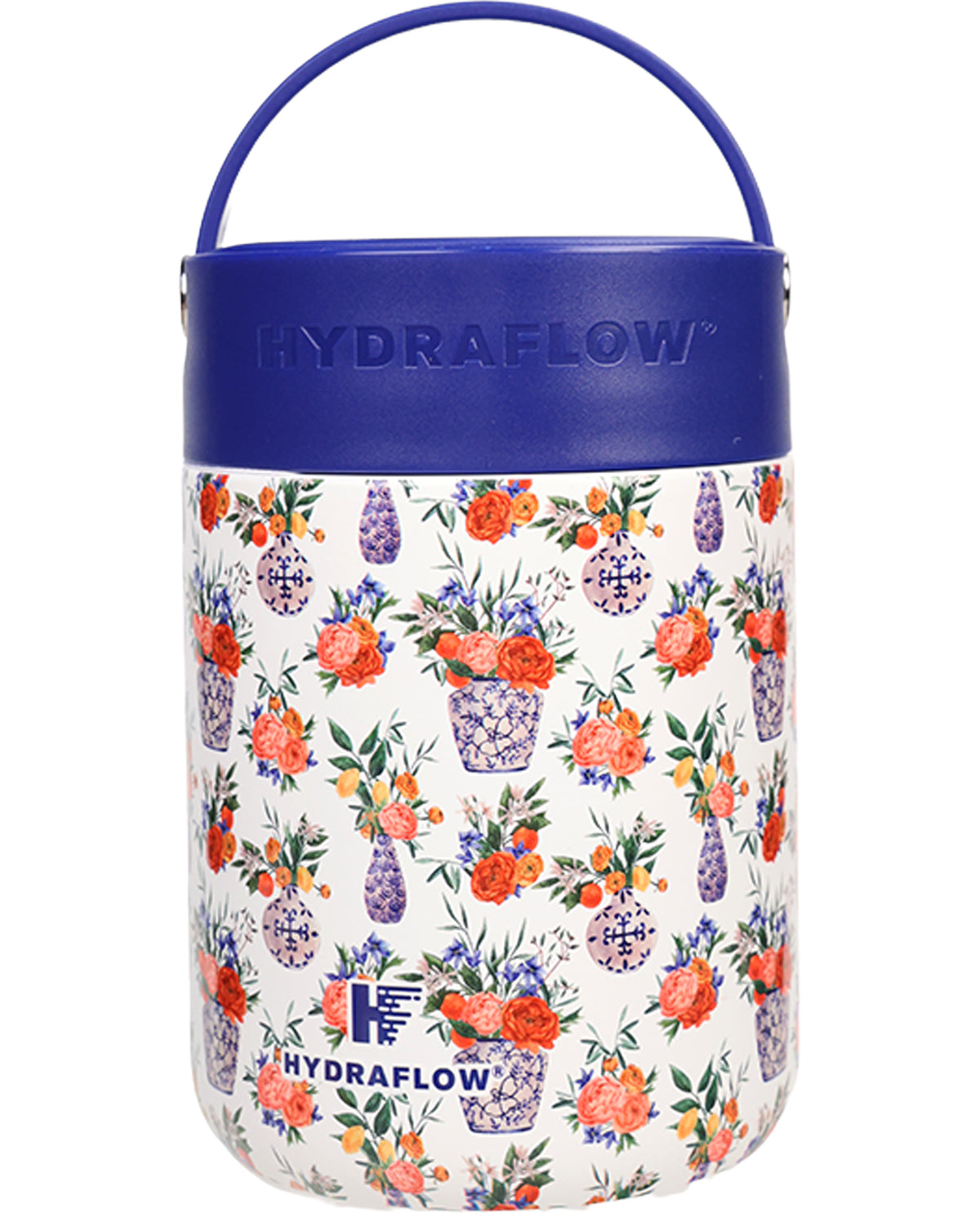 Floral-patterned water bottle with blue handle and Hydraflow branding on a white background