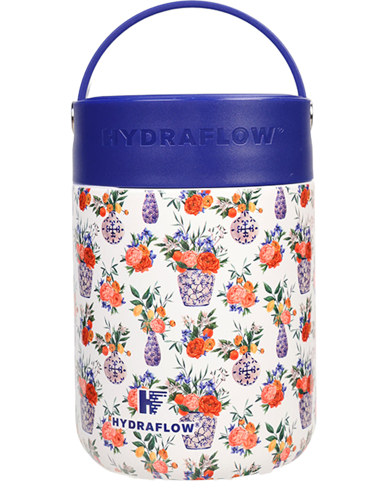 Floral-patterned water bottle with blue handle and Hydraflow branding on a white background