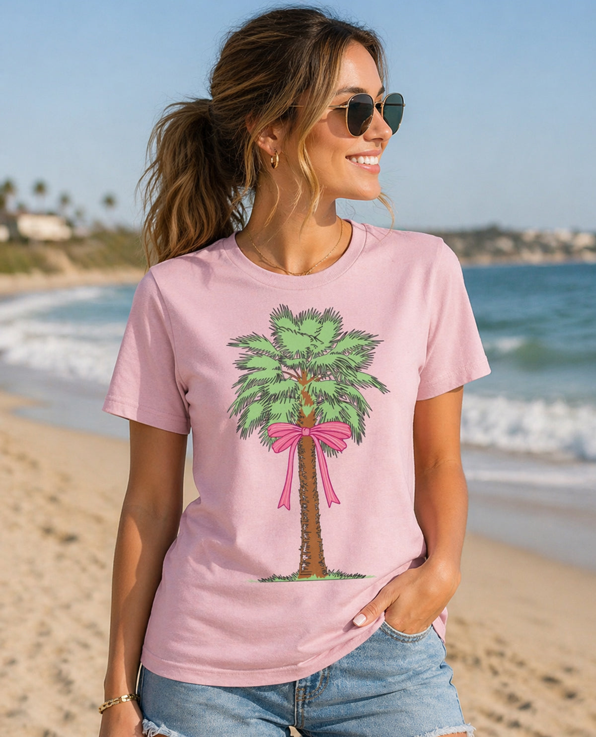Palm Tree Short Sleeve Screen Tee Lt Pink