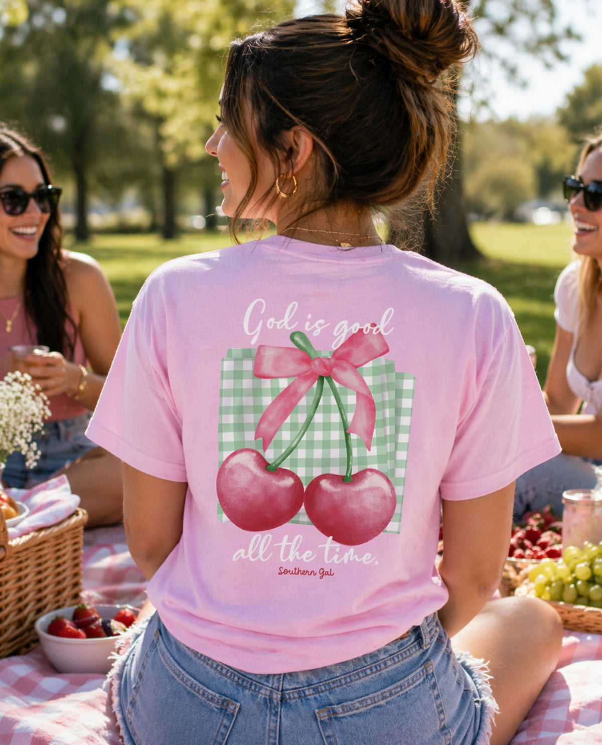 Southern Gal Cherries Short Sleeve Screen Tee Lt Pink