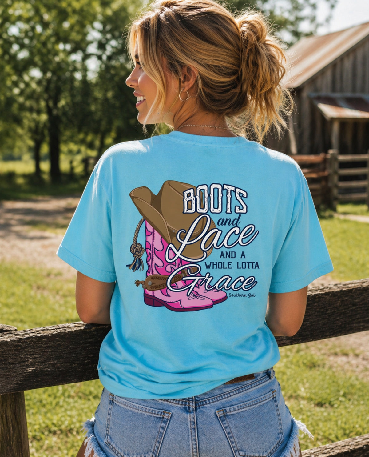 Southern Gal Boot Lace Short Sleeve Screen Tee Sky Blue