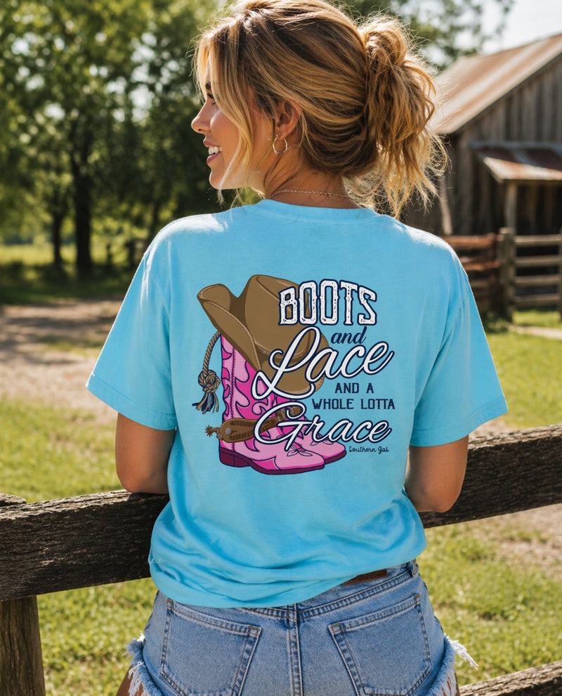 Southern Gal Boot Lace Short Sleeve Screen Tee Sky Blue