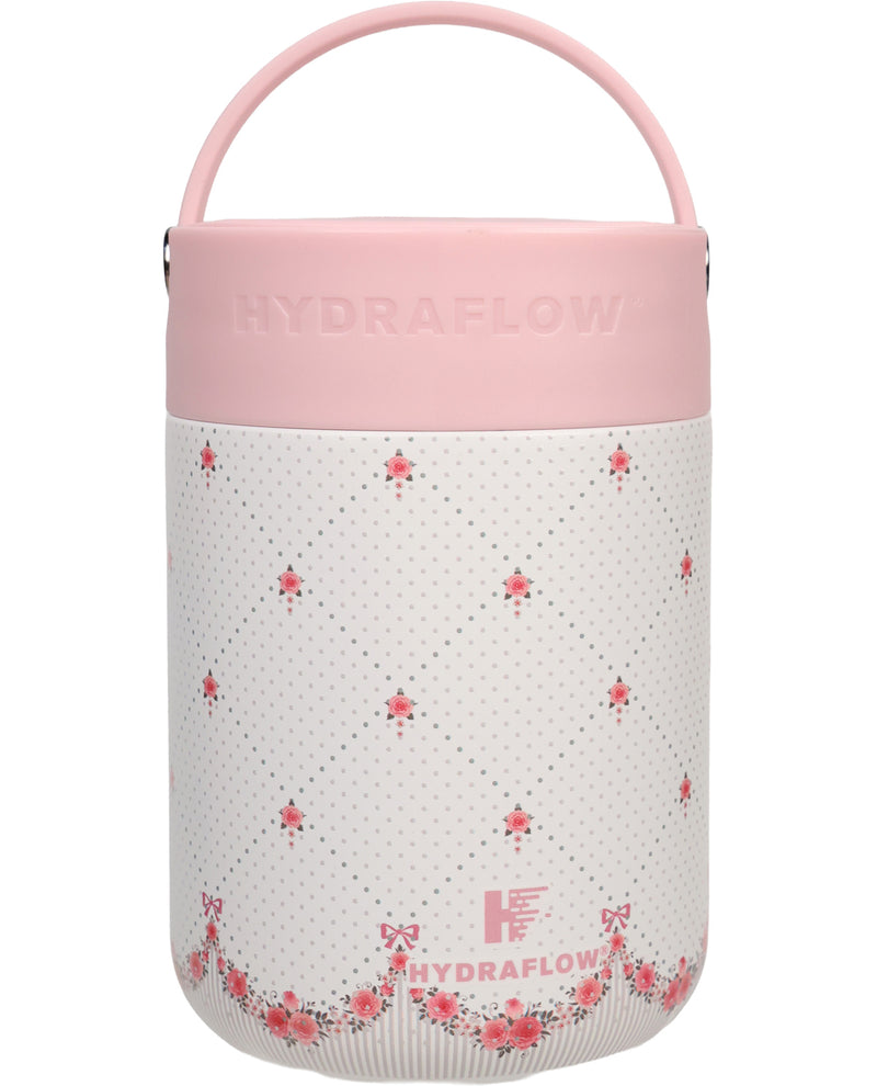 Pink and whiteHydraflow water bottle with floral pattern on a white background