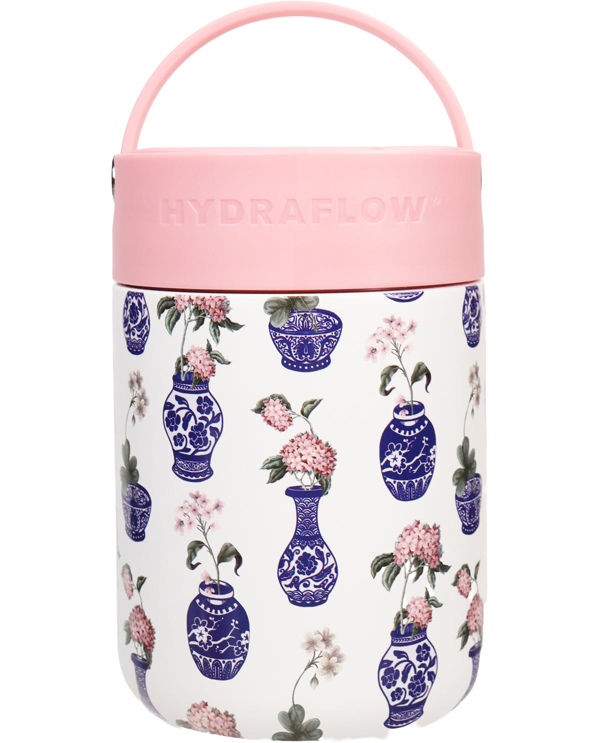Thermos bottle with floral and vase design on a white background