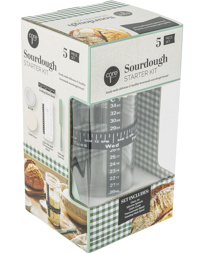 Core Sourdough Starter Kit packaging with measuring cups and bread images on a white background