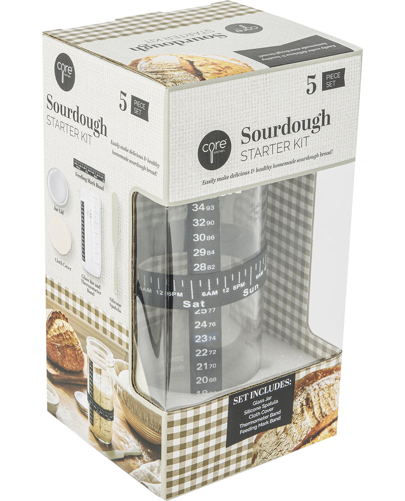 Sourdough starter kit packaging with measuring cups and bread images on a white background