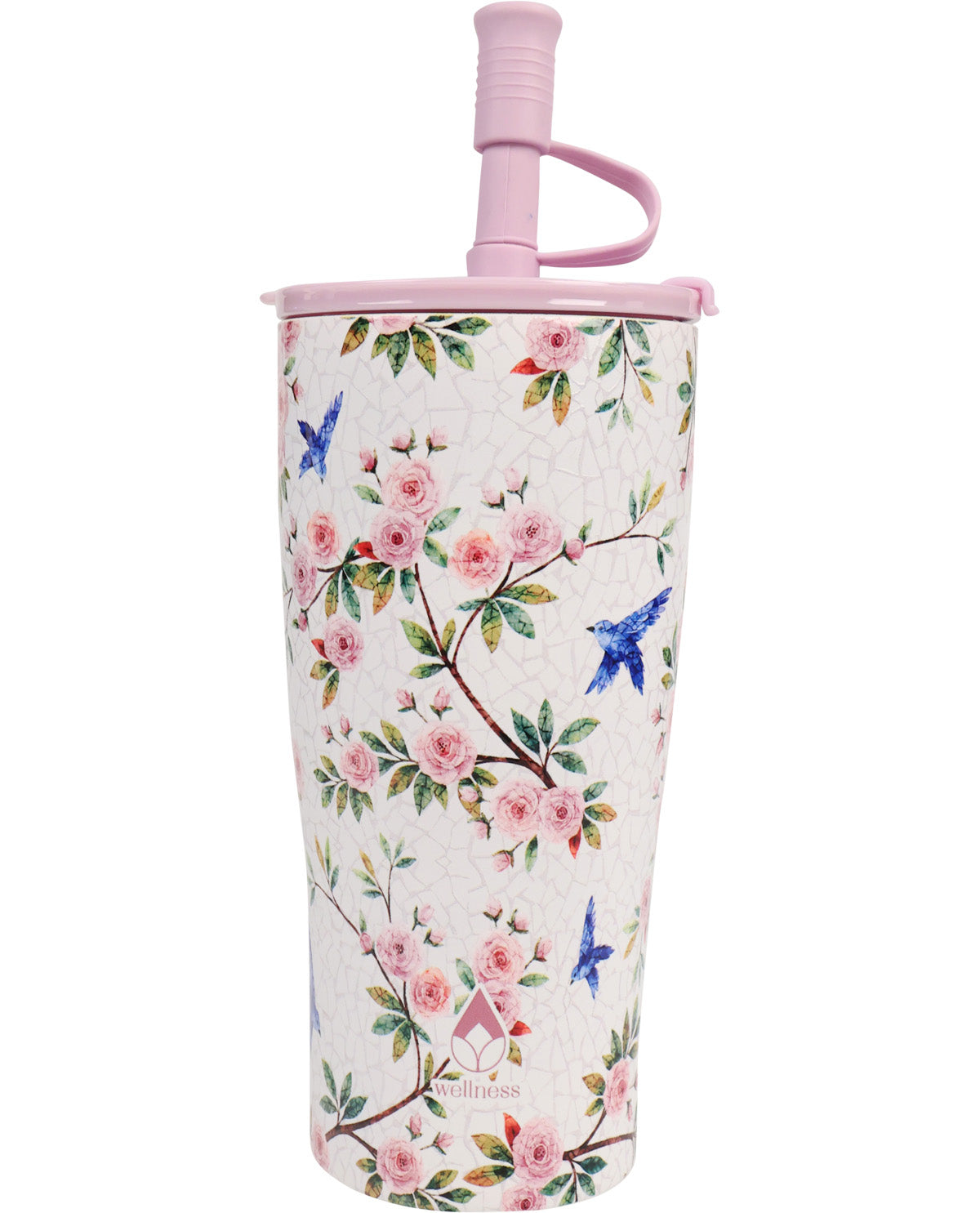Floral-patterned tumbler with a pink lid on a white background