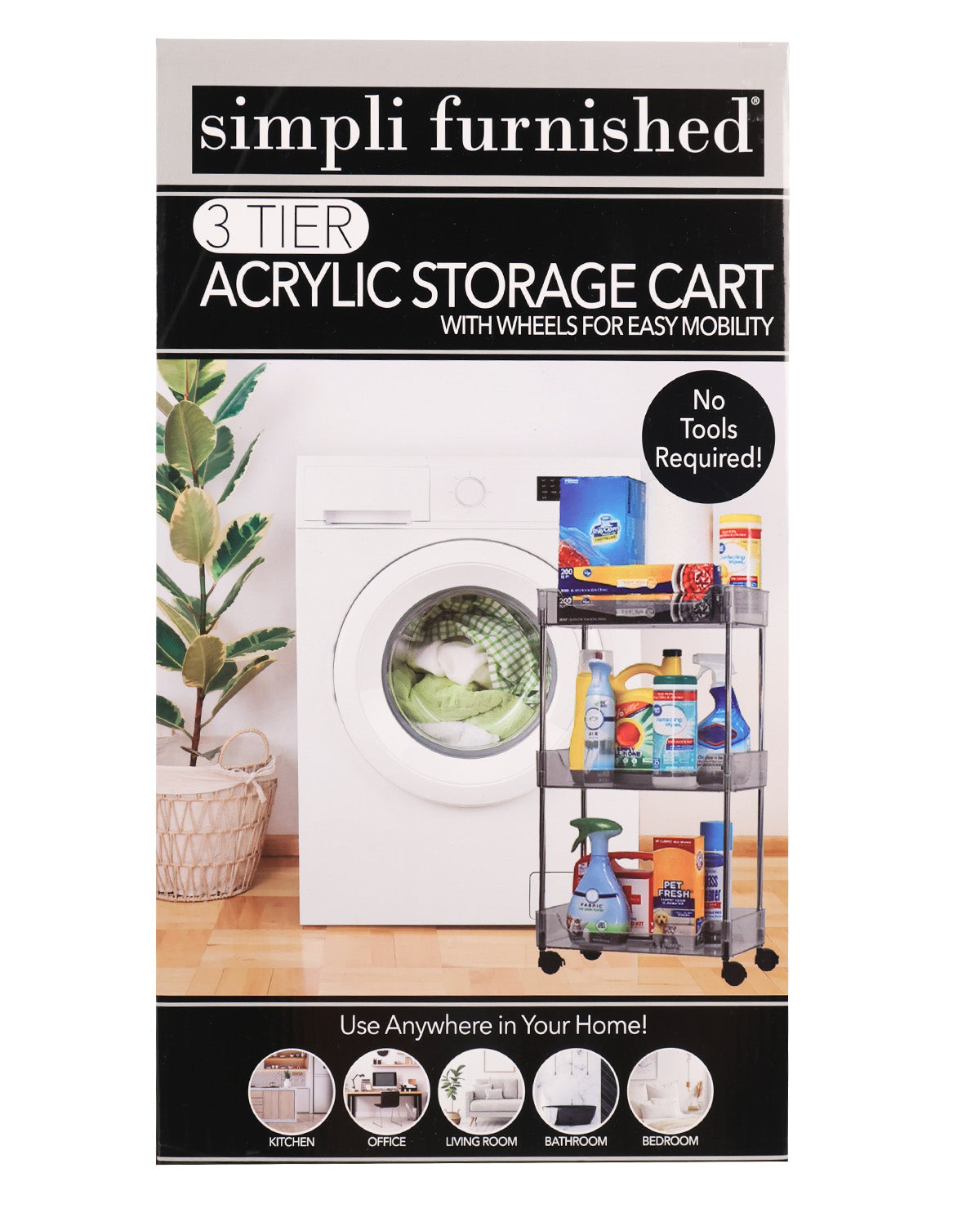 A retail package for a 3-tier acrylic storage cart with wheels, shown against a plain white background. The front of the box features the brand name 'simpli furnished' and product text, plus a lifestyle photo of the cart holding cleaning supplies next to a washing machine.