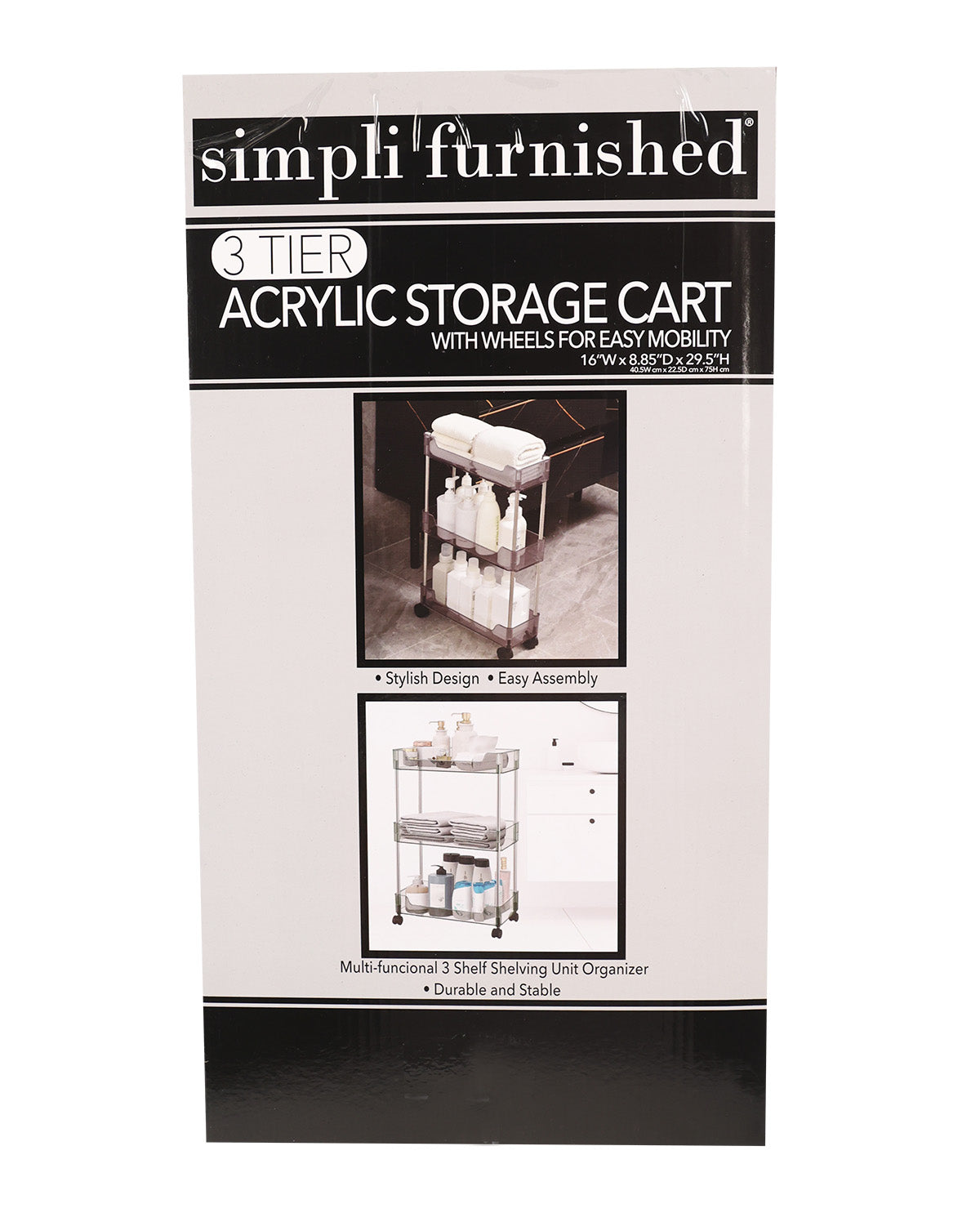 A retail package for a 3-tier acrylic storage cart with wheels, shown against a plain white background. The box has black and white branding and includes two product photos demonstrating the cart in use.