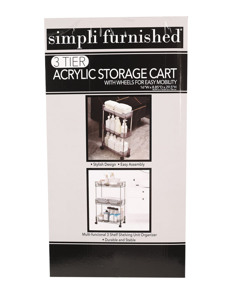 A retail package for a 3-tier acrylic storage cart with wheels, shown against a plain white background. The box has black and white branding and includes two product photos demonstrating the cart in use.