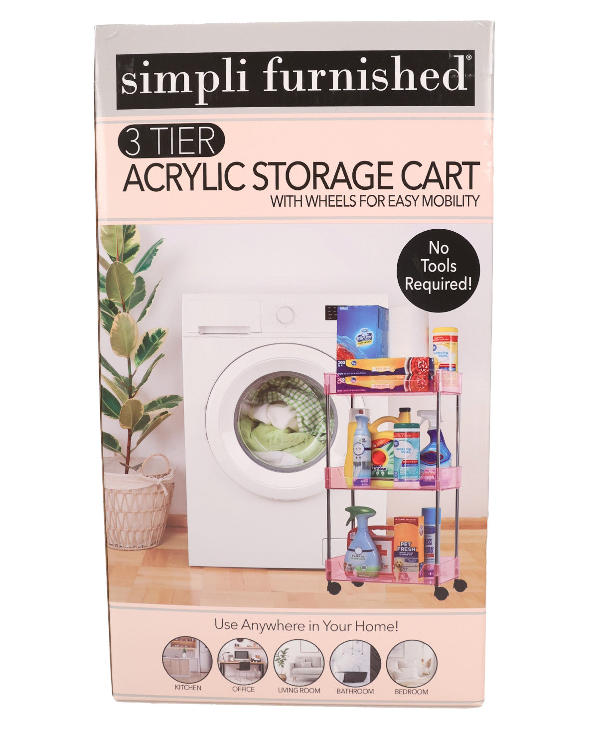A retail box for a 3-tier acrylic storage cart by simpli furnished, featuring a pink and black metal cart design with colorful cleaning supplies pictured on the front.