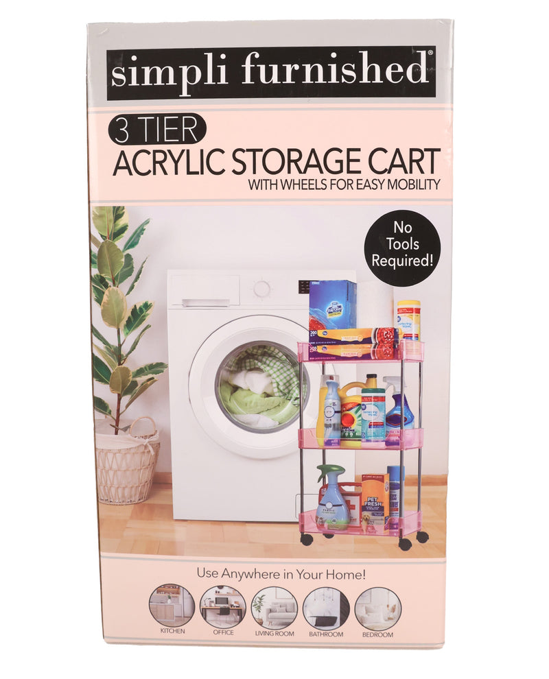 A retail box for a 3-tier acrylic storage cart by simpli furnished, featuring a pink and black metal cart design with colorful cleaning supplies pictured on the front.