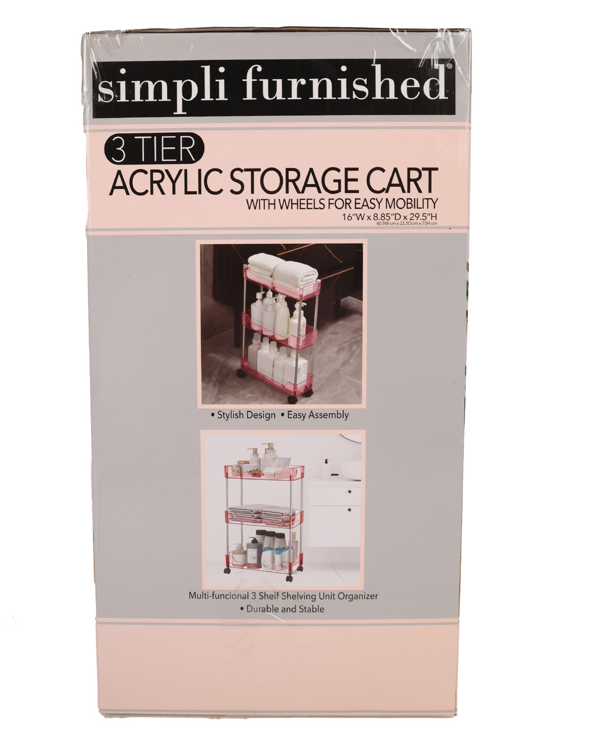 A boxed retail product labeled 'simpli furnished' and '3 TIER ACRYLIC STORAGE CART WITH WHEELS FOR EASY MOBILITY.' The package is mostly white and light pink, with two small product photos showing the cart in use.