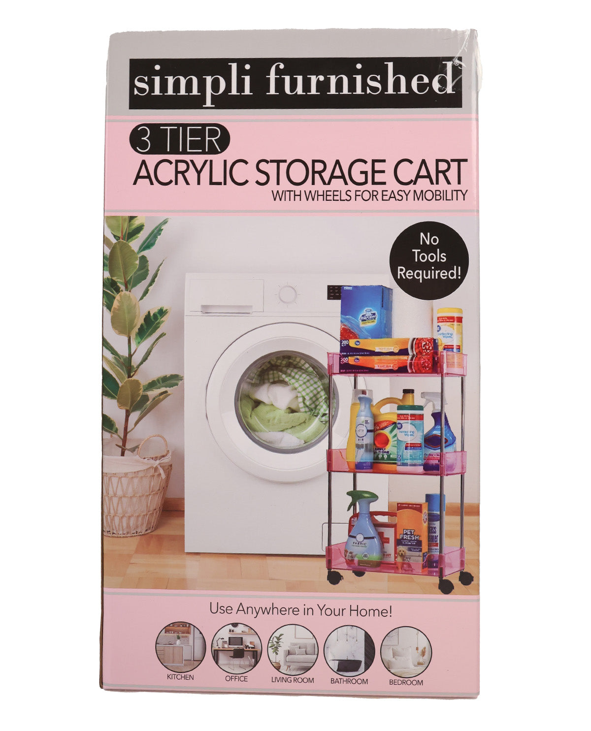 The retail packaging box for a 3-tier acrylic storage cart by simpli furnished, featuring a pink and white design with an illustration of the cart next to a washing machine.