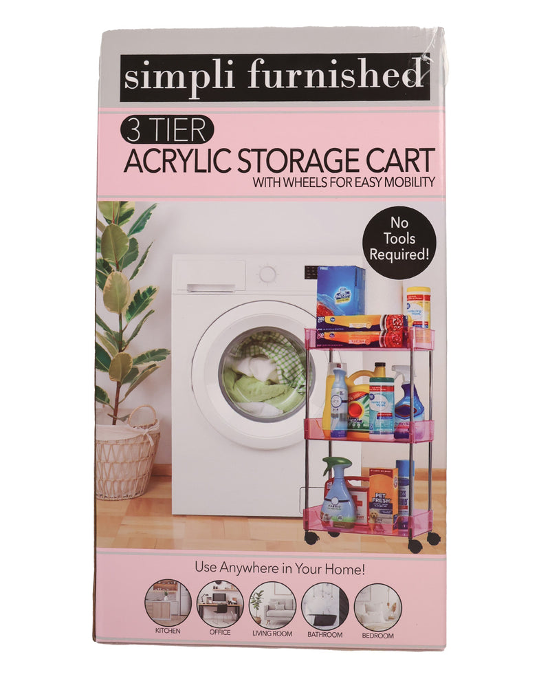 The retail packaging box for a 3-tier acrylic storage cart by simpli furnished, featuring a pink and white design with an illustration of the cart next to a washing machine.