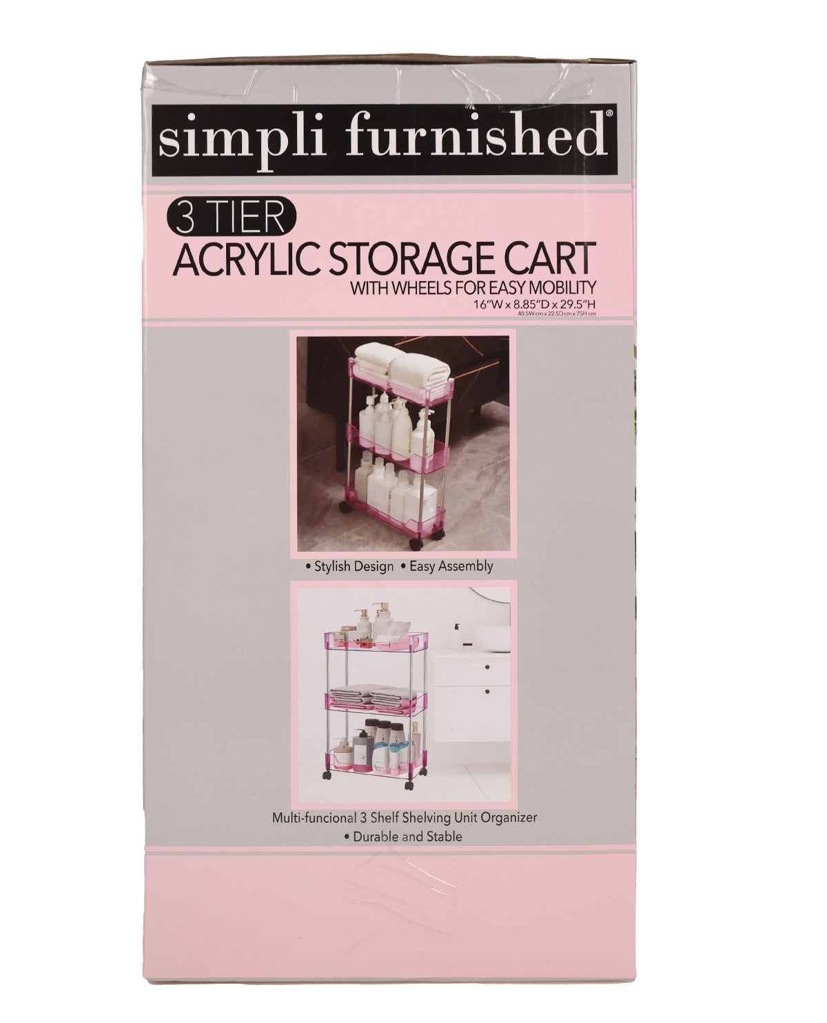 A boxed retail product labeled 'simpli furnished' and '3 TIER ACRYLIC STORAGE CART' on a plain white background. The package is mostly white with a pink band and product photo panels showing the cart in use.