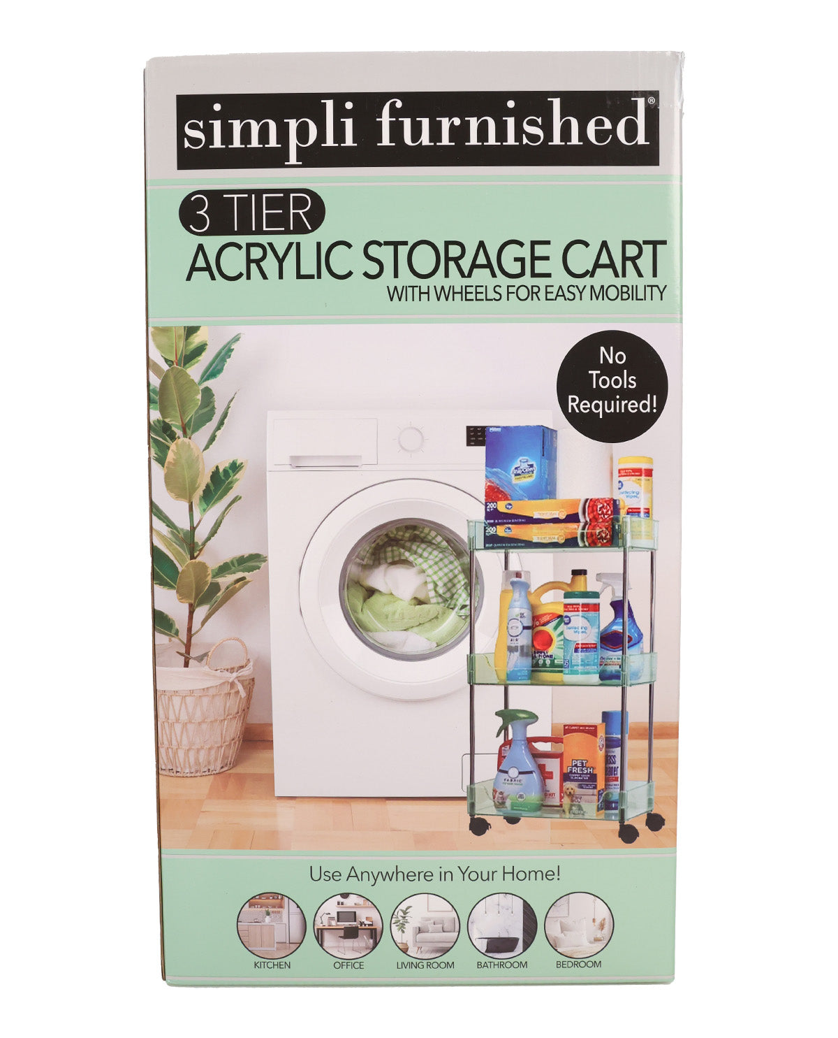 The retail packaging box for a 'simpli furnished' 3-tier acrylic storage cart. The box features a light mint green background with a photo of the white cart next to a washing machine, showing various household cleaning products stored on the tiers.