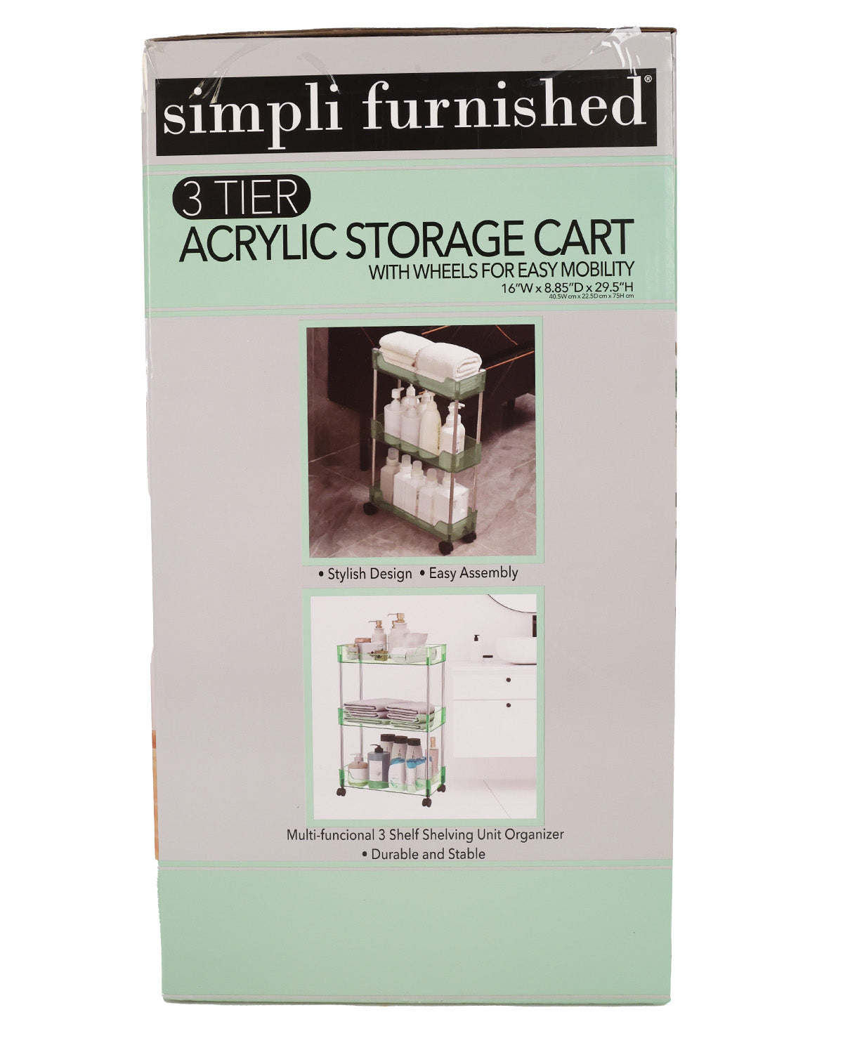 A tall retail box for a 3-tier acrylic storage cart with wheels, shown against a plain white background. The packaging is mostly white with a pale mint green panel and black text reading 'simpli furnished' and '3 TIER ACRYLIC STORAGE CART'.