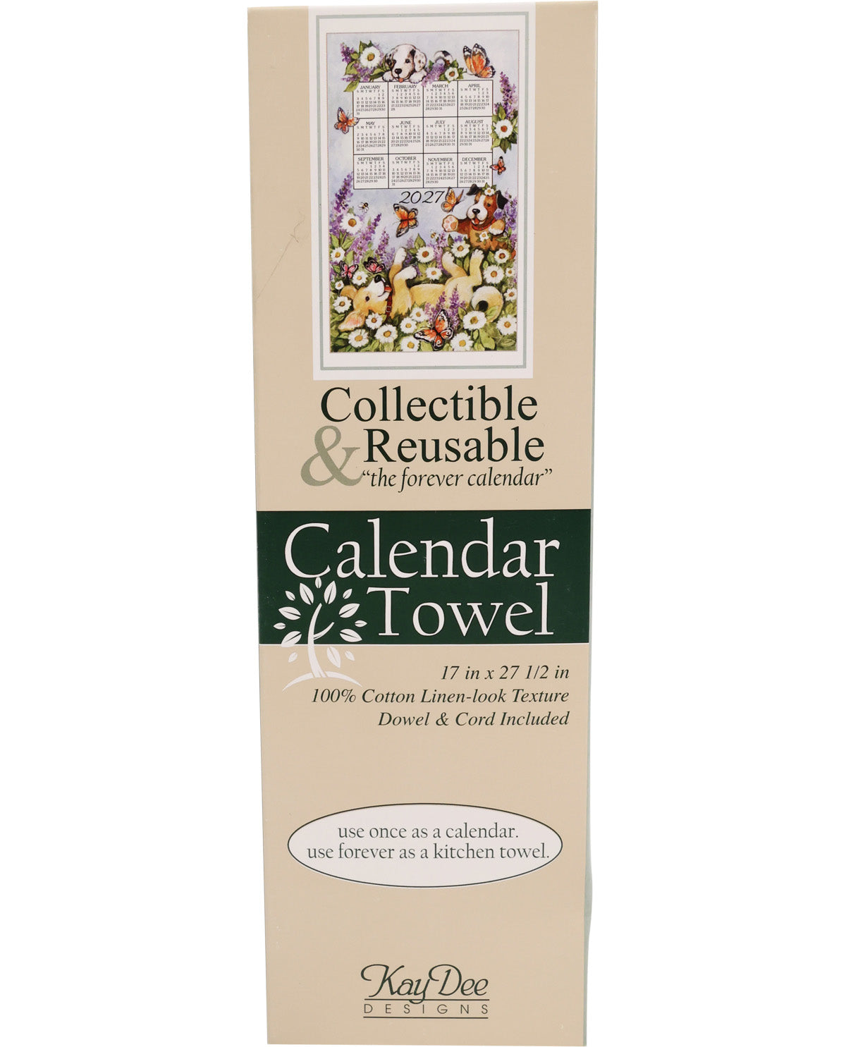 Calendar towel packaging with floral design and text on a beige background