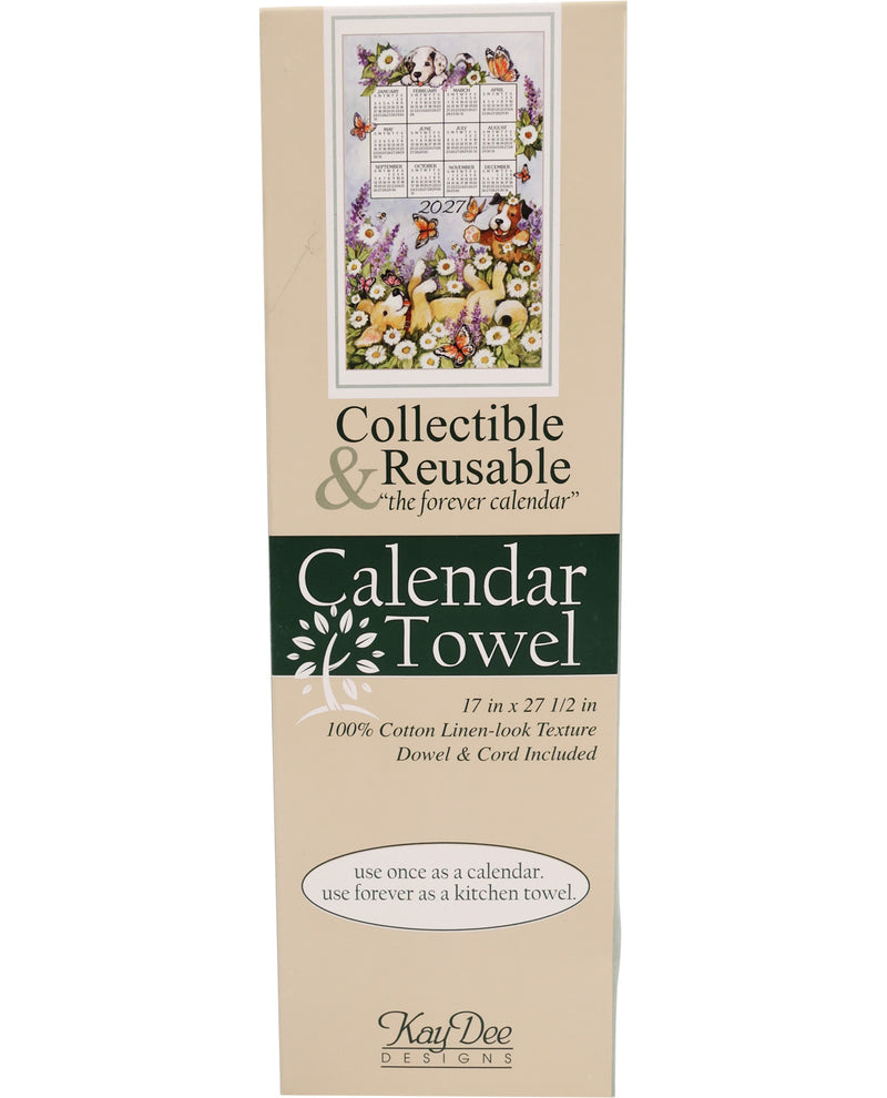 Calendar towel packaging with floral design and text on a beige background