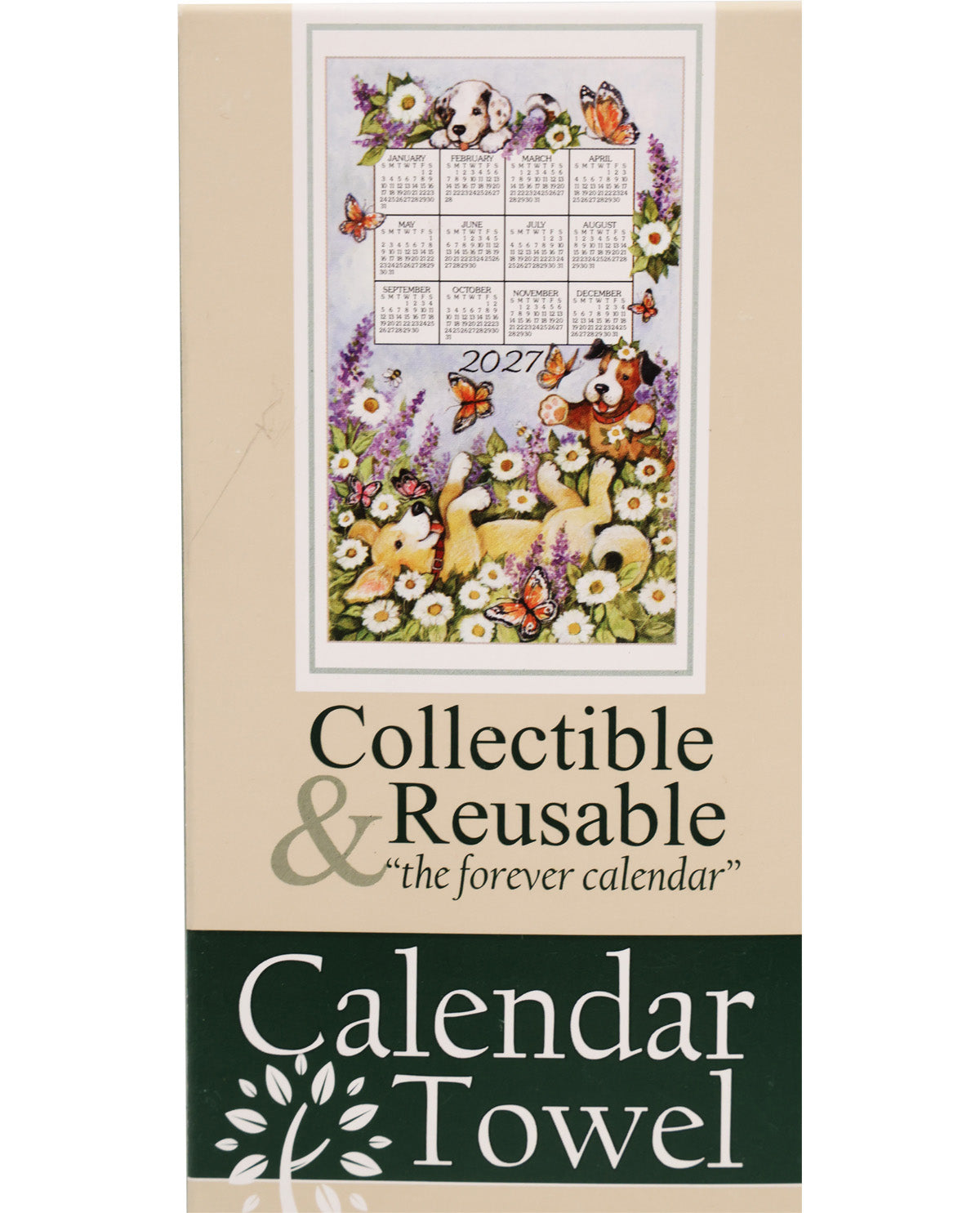 Calendar towel with 2021 design featuring animals and flowers, with text 'Collectible & Reusable Calendar Towel'.