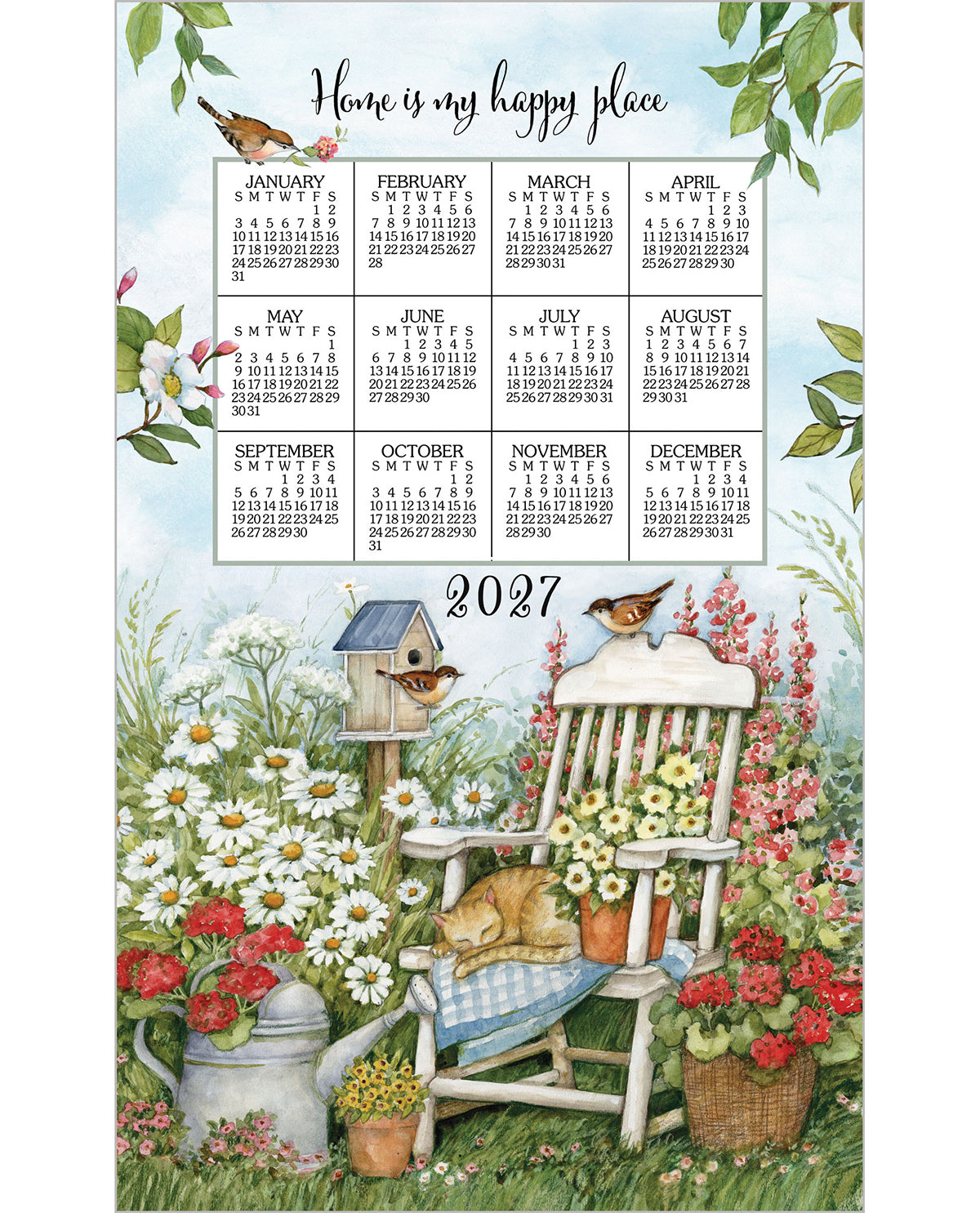 A 2027 monthly calendar print featuring a whimsical garden illustration. The top portion has a light blue background with the phrase 'Home is my happy place' and the twelve monthly grids for January through December.