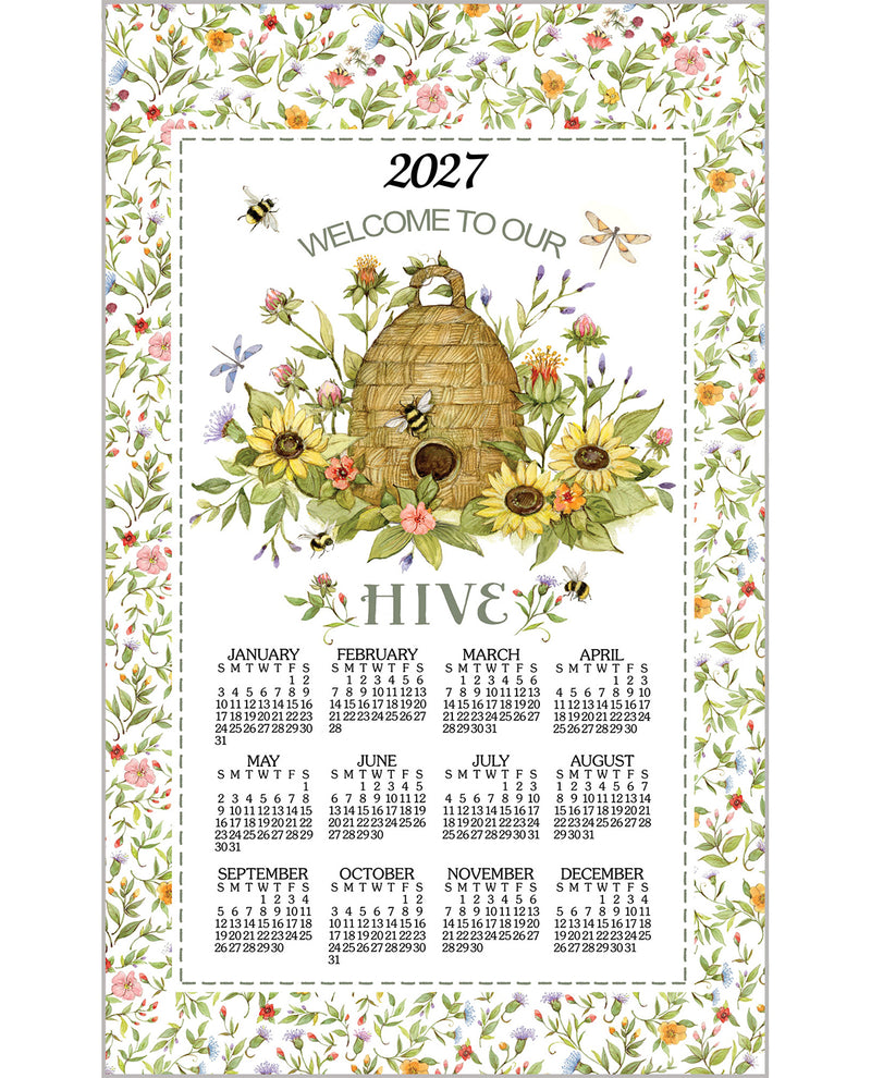 A decorative 2027 wall calendar titled 'WELCOME TO OUR HIVE' with a floral border and central bee-and-beehive illustration. The calendar shows monthly grids from January to December below the main artwork, on a white background.