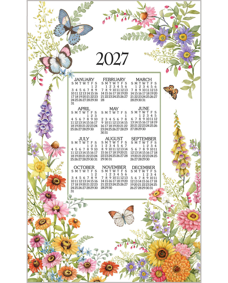A vertical 2027 calendar page surrounded by a colorful floral border with butterflies. The center shows the months from January to December in a grid format, with the year 2027 printed at the top.