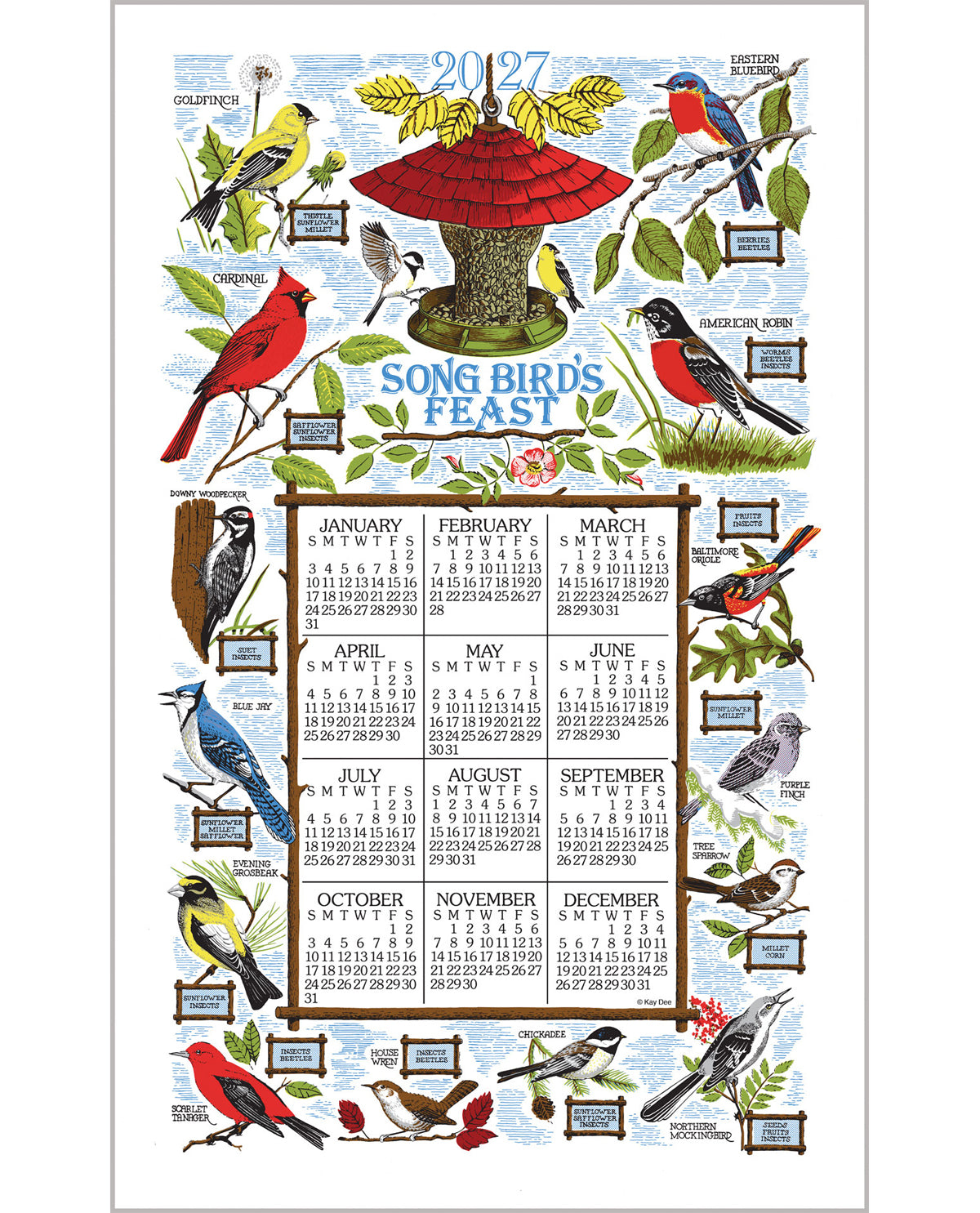 A 2027 Song Birds Feast calendar featuring a grid of 12 monthly sections surrounded by colorful illustrations of songbirds, a red bird feeder, and green leaves on a light blue background.
