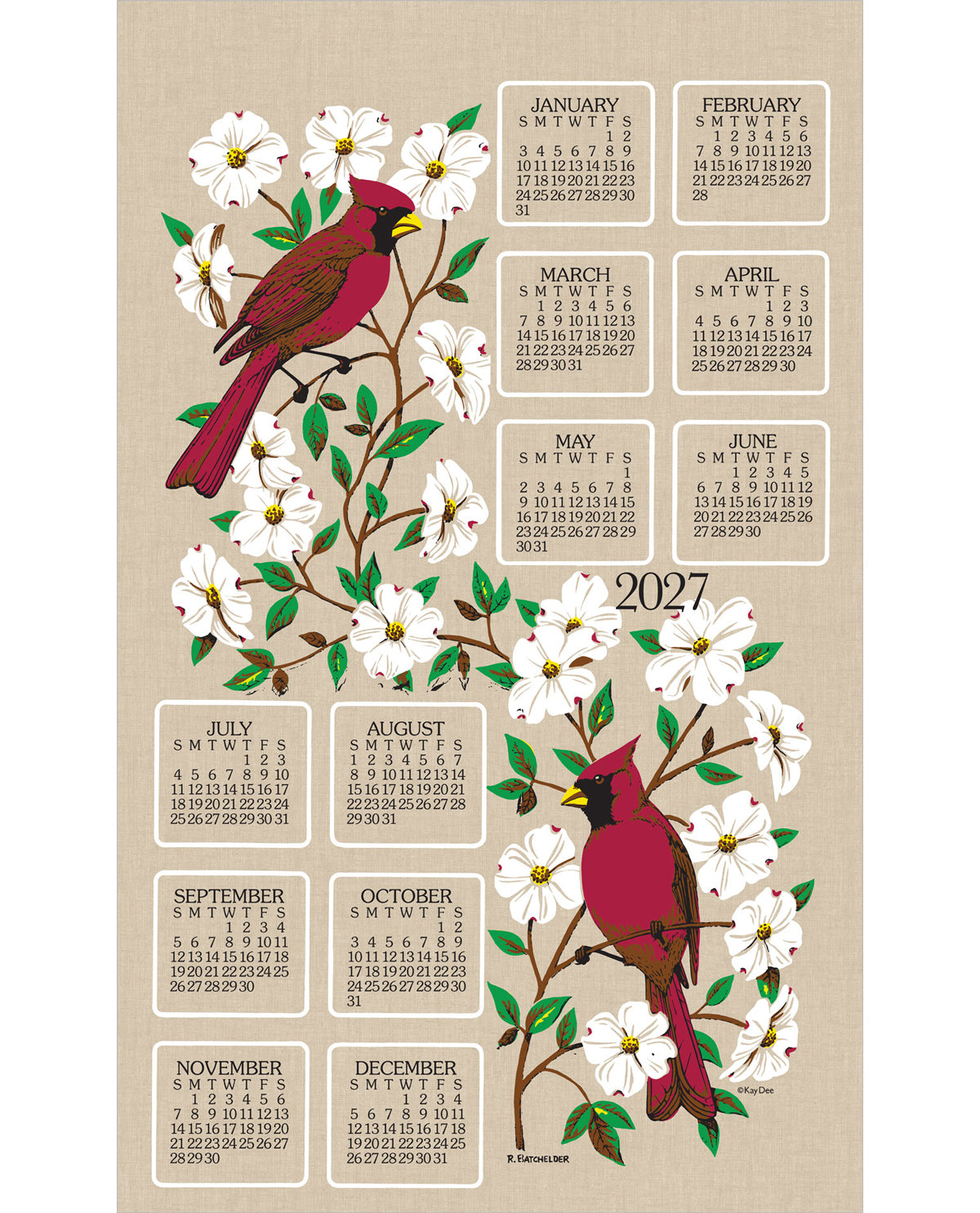 A 2027 calendar page featuring illustrated cardinal birds perched among white blossoms on a beige background, with monthly calendar boxes arranged around the page.