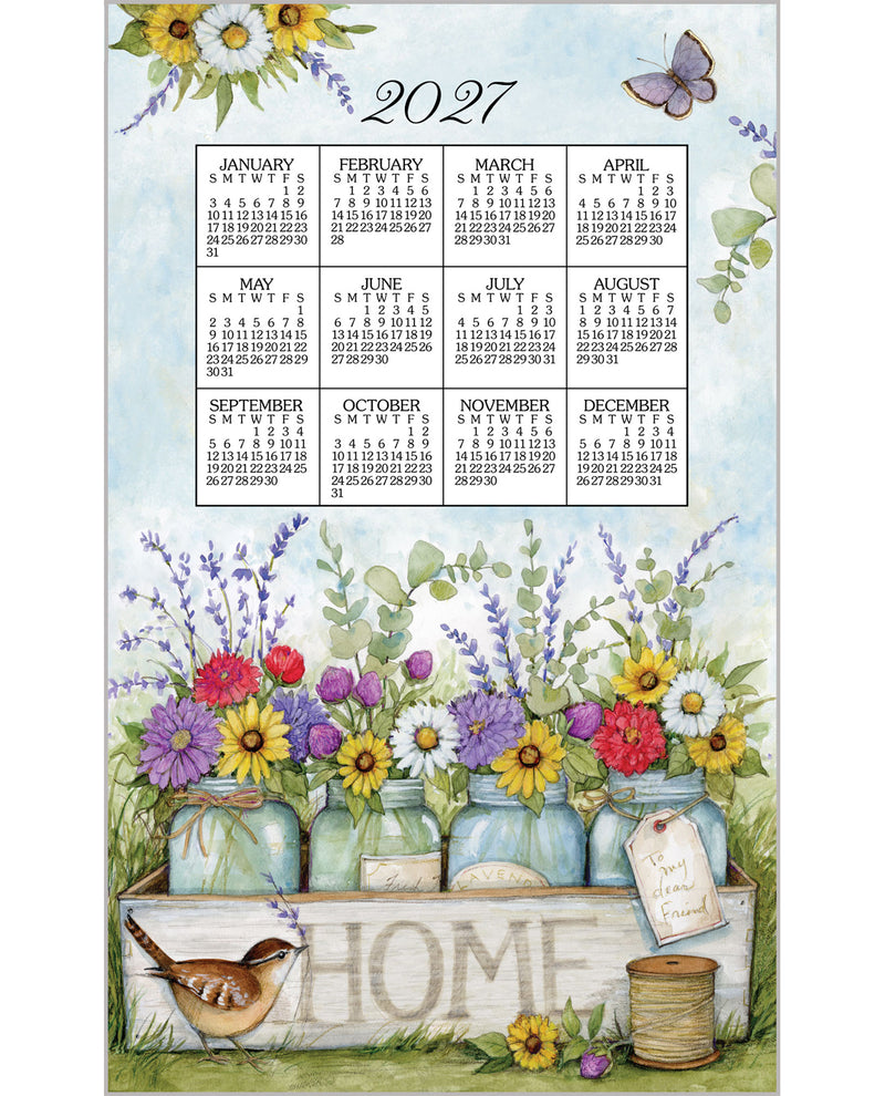 A 2027 wall calendar featuring a watercolor floral and butterfly design. The top portion shows the year '2027' with monthly grids for each day of the week, surrounded by yellow sunflowers, purple lavender, green leaves, and a purple butterfly.