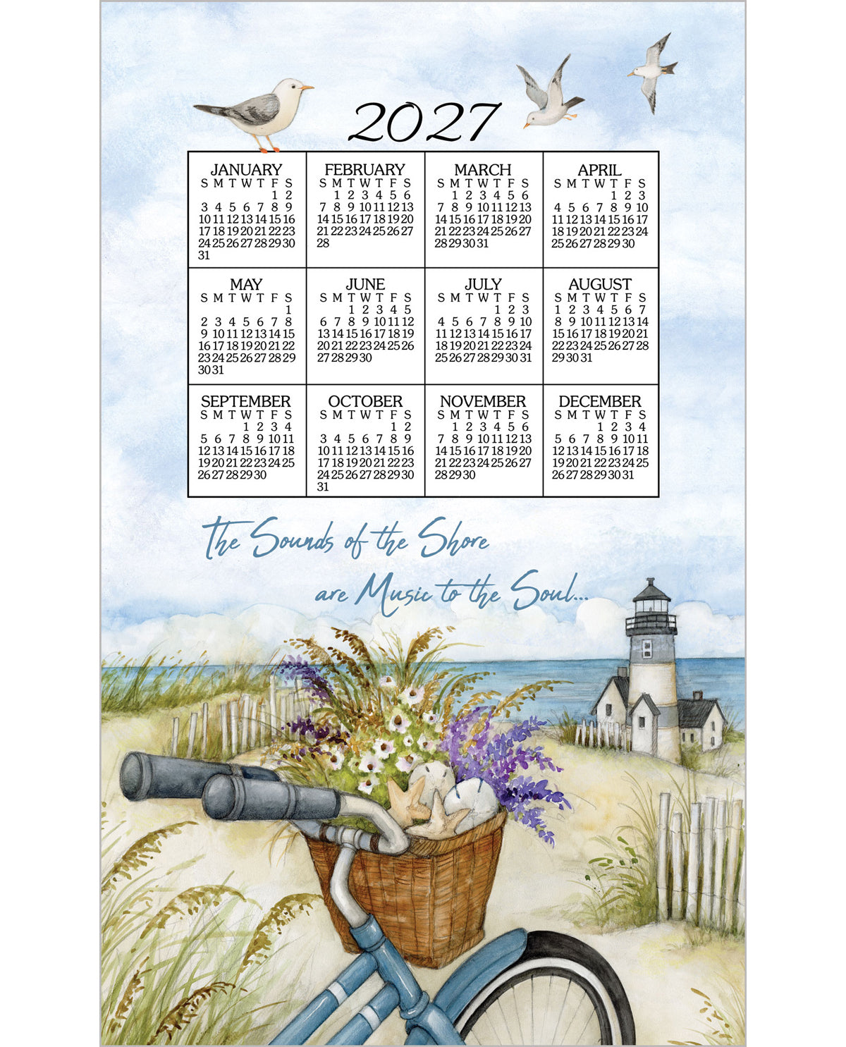 A 2027 wall calendar page featuring a coastal lighthouse and beach scene with dunes, flowers, a telescope, and birds at the top, plus the text 'The Sounds of the Shore an Music to the Soul.