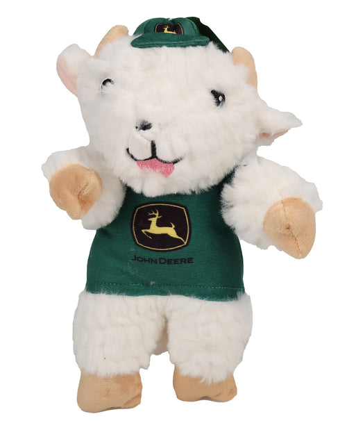 A plush toy goat wearing a green John Deere shirt and matching hat, photographed against a plain white background.