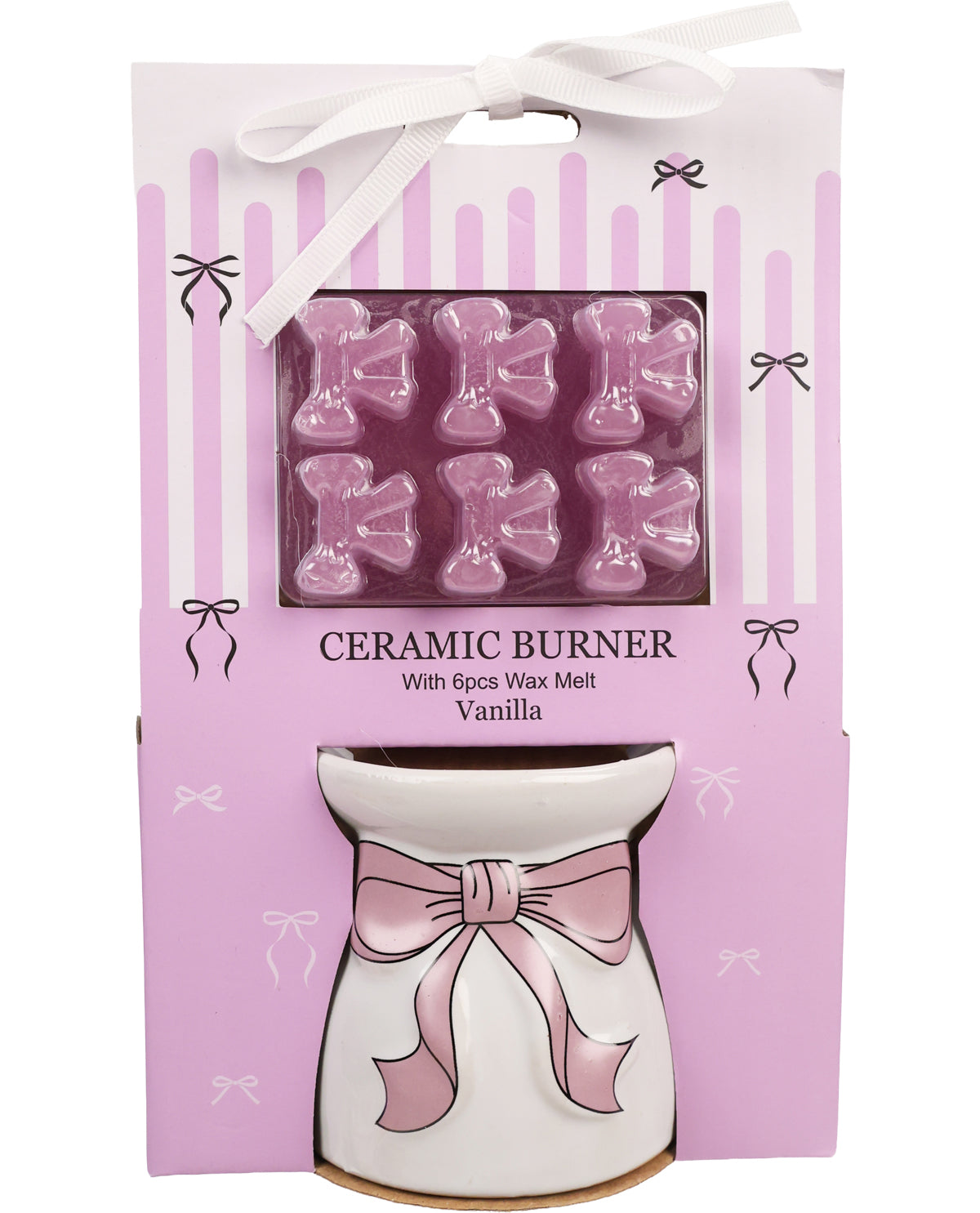 Ceramic burner with wax melts in a decorative box on a white background