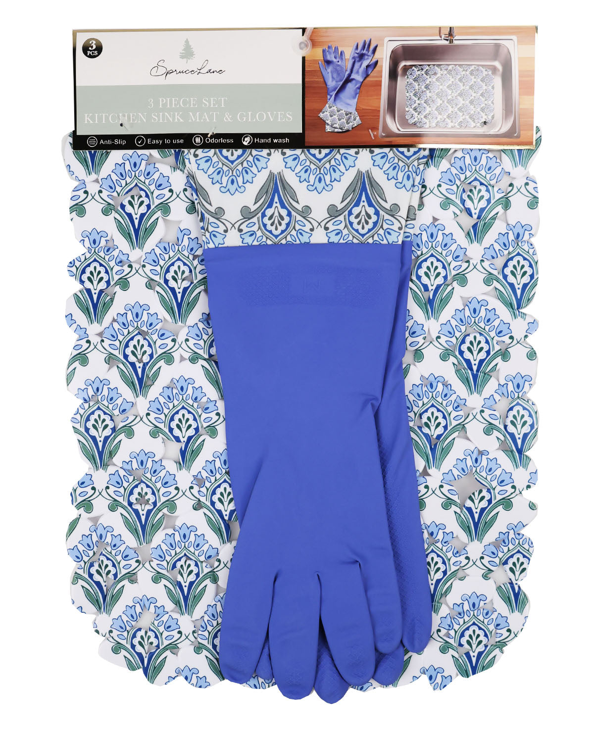Floral Blue 3pc Kitchen Mat And Gloves Set