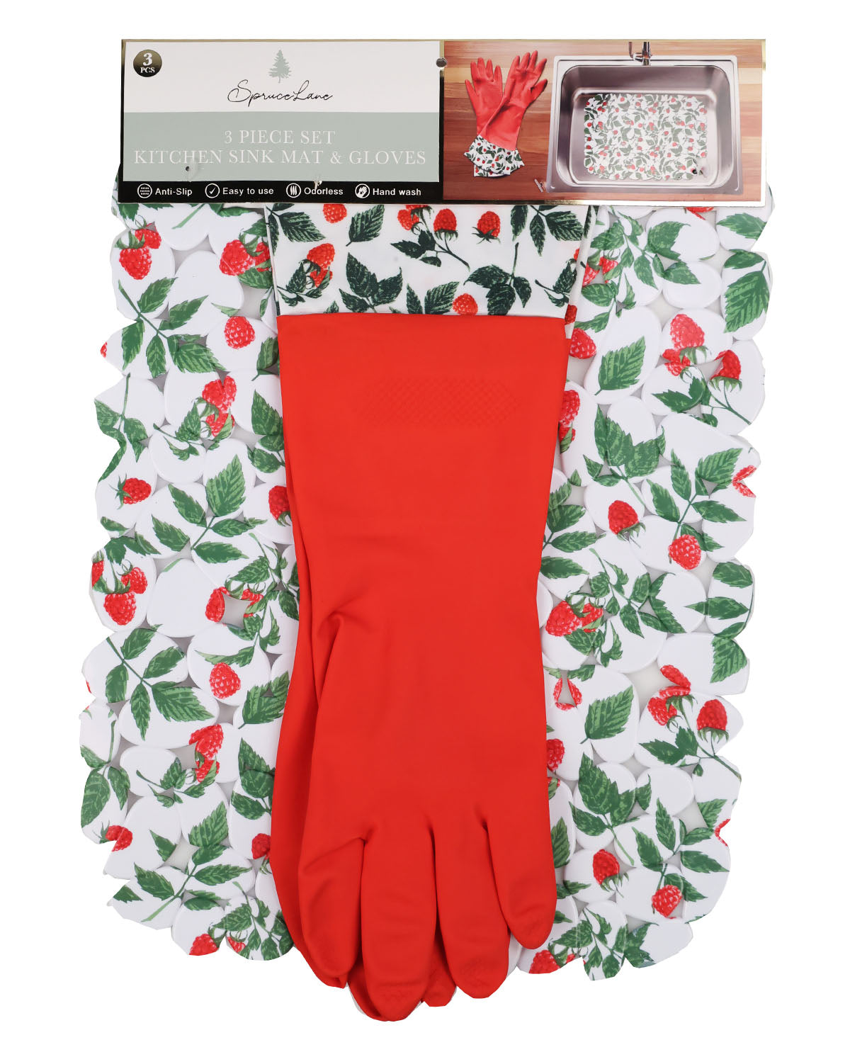 Berry Red 3pc Kitchen Mat And Gloves Set