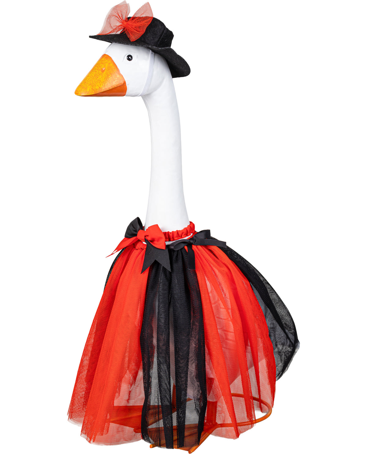 A white goose decoration or costume figure with an orange beak, wearing a black hat with a red bow and a black-and-red tutu skirt, isolated on a white background.