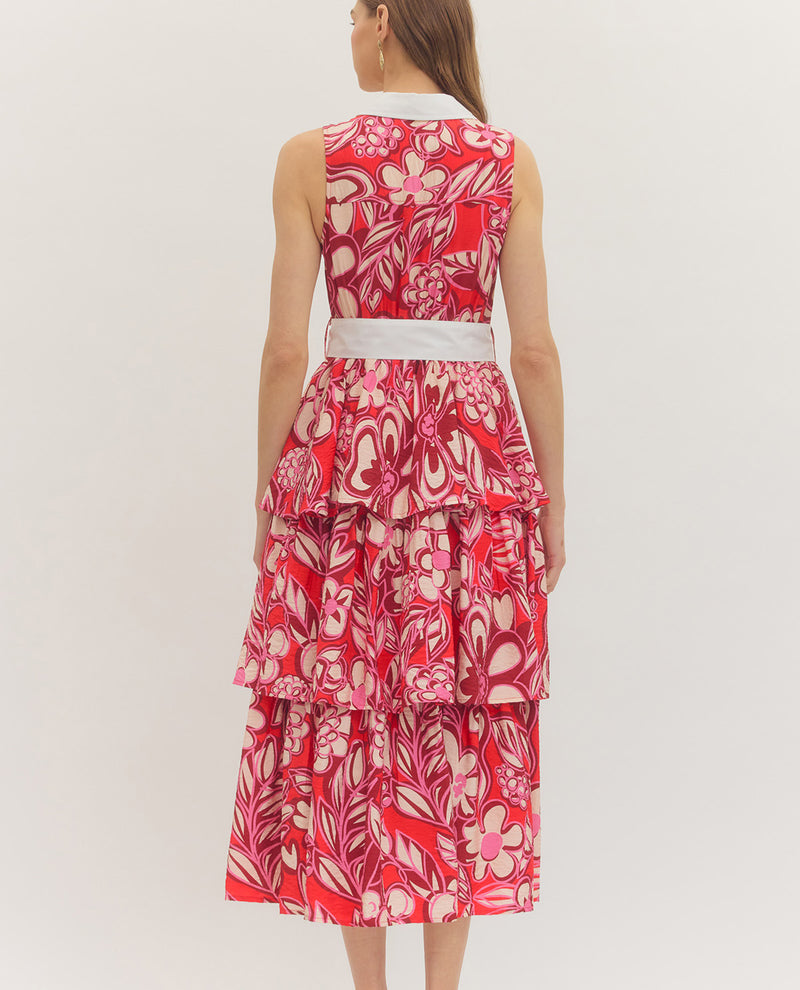 Entro Print Tiered Dress Pink