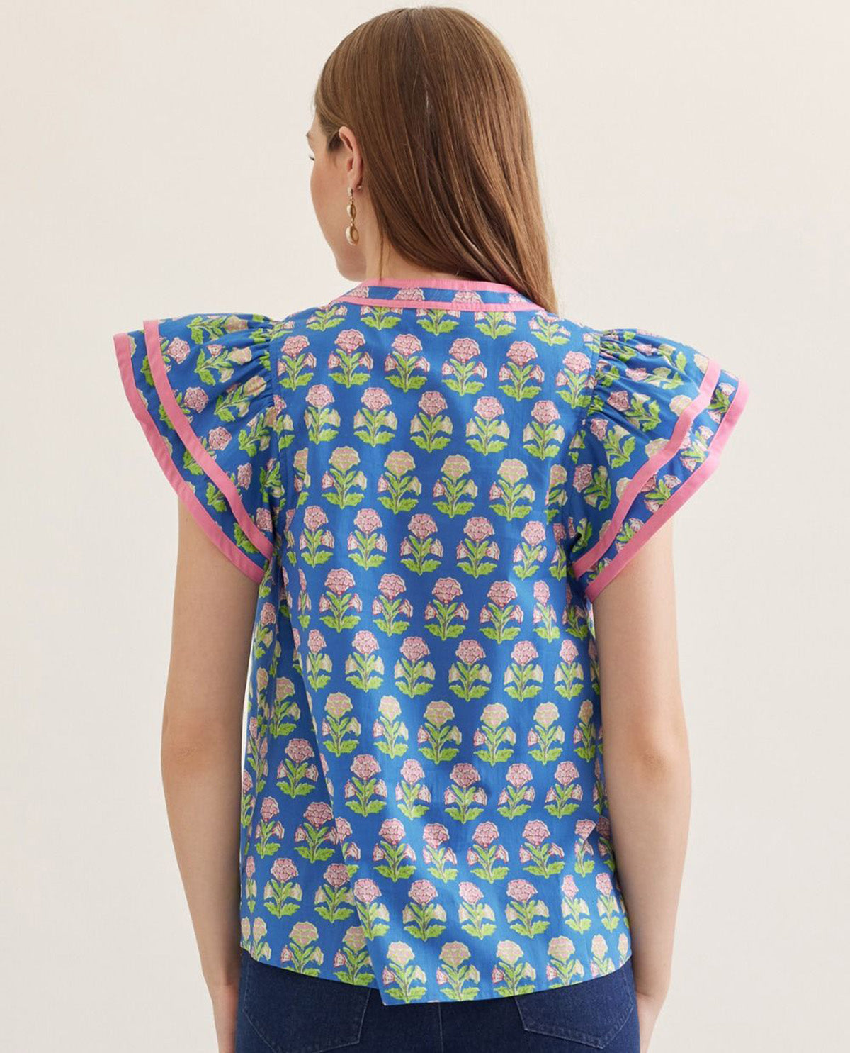 Entro Print Flutter Sleeve Top With Contrast Trim Blue